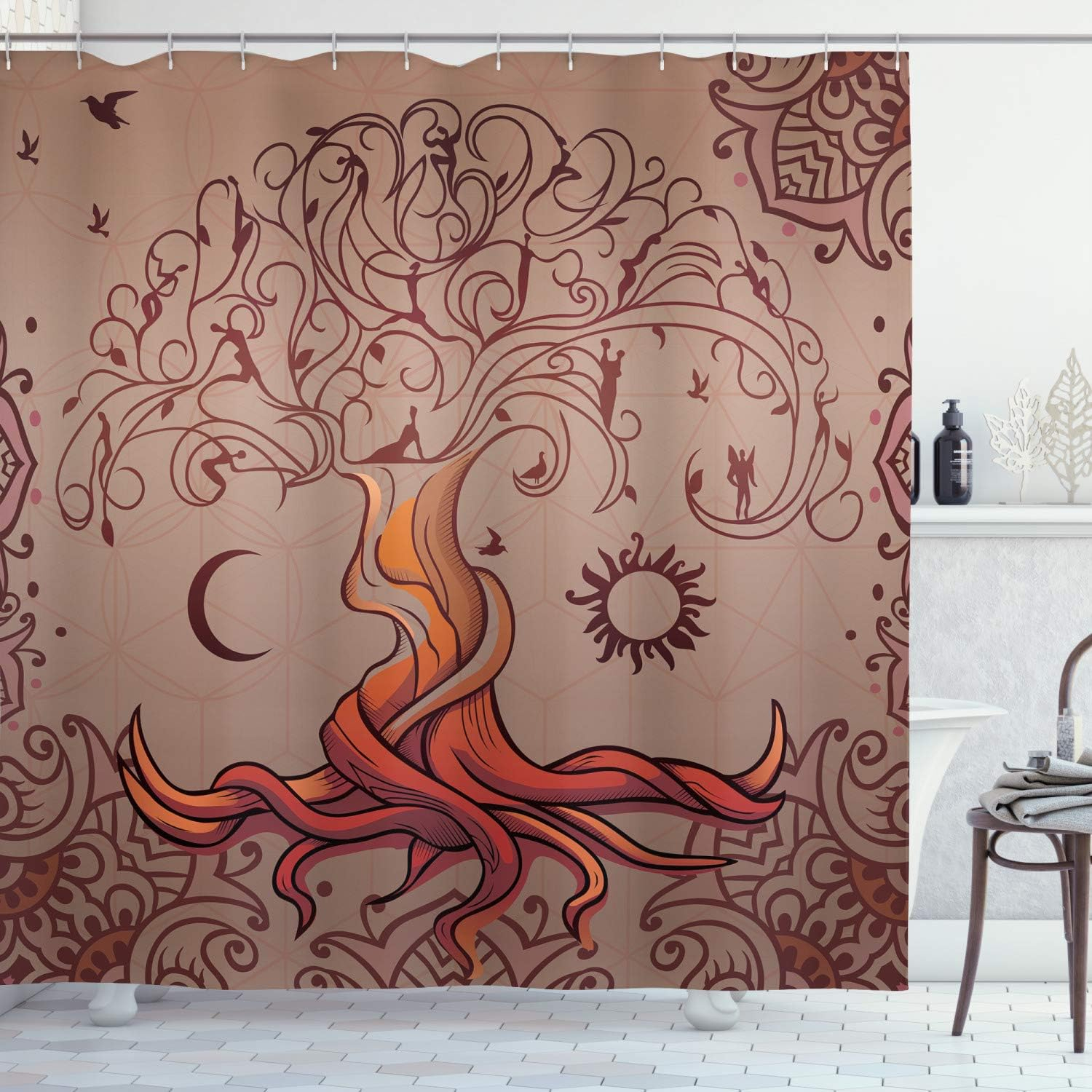 Ethnic Shower Curtain, Vintage Tree of Life with Sun and Moon Elf on Branches Enchanted Universe Image, Fabric Bathroom Set with Hooks, 69W X 70L Inches, Purple, by Ambesonne