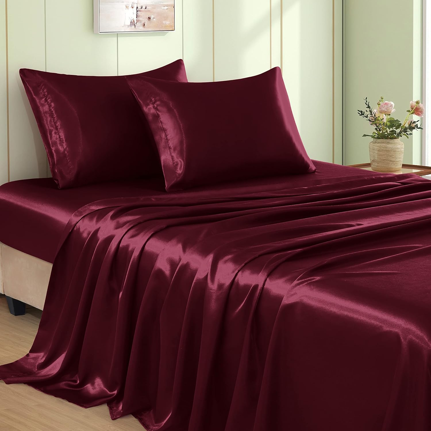 Cloud Fino Luxurious Satin Bed Sheets Burgundy Silk Sheets King 15 " Deep Pocket Pillowcases Sheet, 4-Piece
