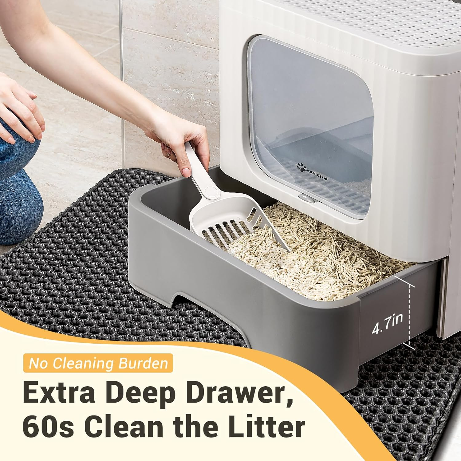 Dextrus Large Enclosed Cat Litter Box with Lid Drawer Type Easy to Clean,with Cushion&Litter Scoop,Gray