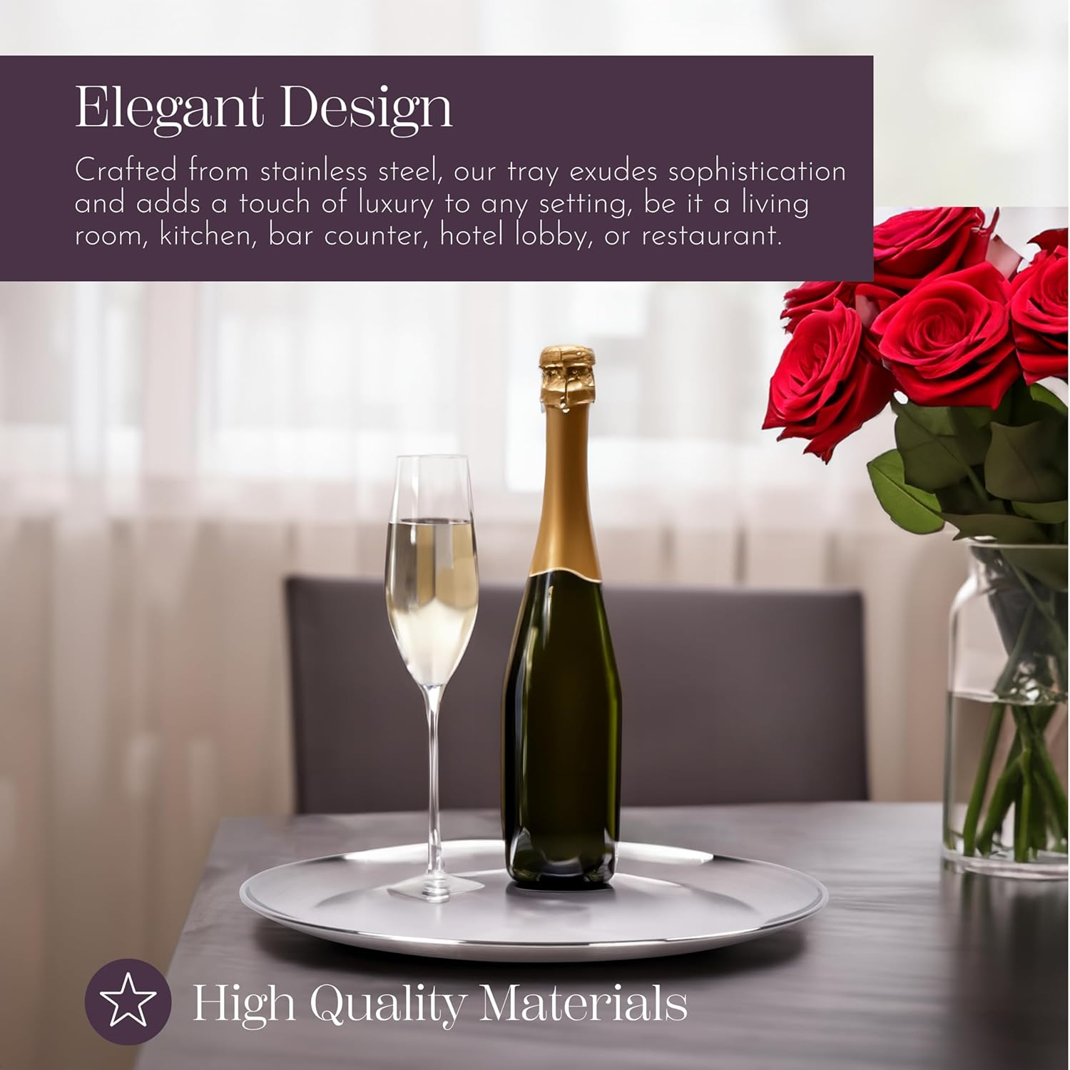 WHOLE HOUSEWARES Metal Serving Tray - Round Silver Serving Tray - Circular Metal Platter - Cocktail Serving Bar Tray - Chrome-Plated Steel Tray for Coffee Table - 13.3 x 0.4 inches