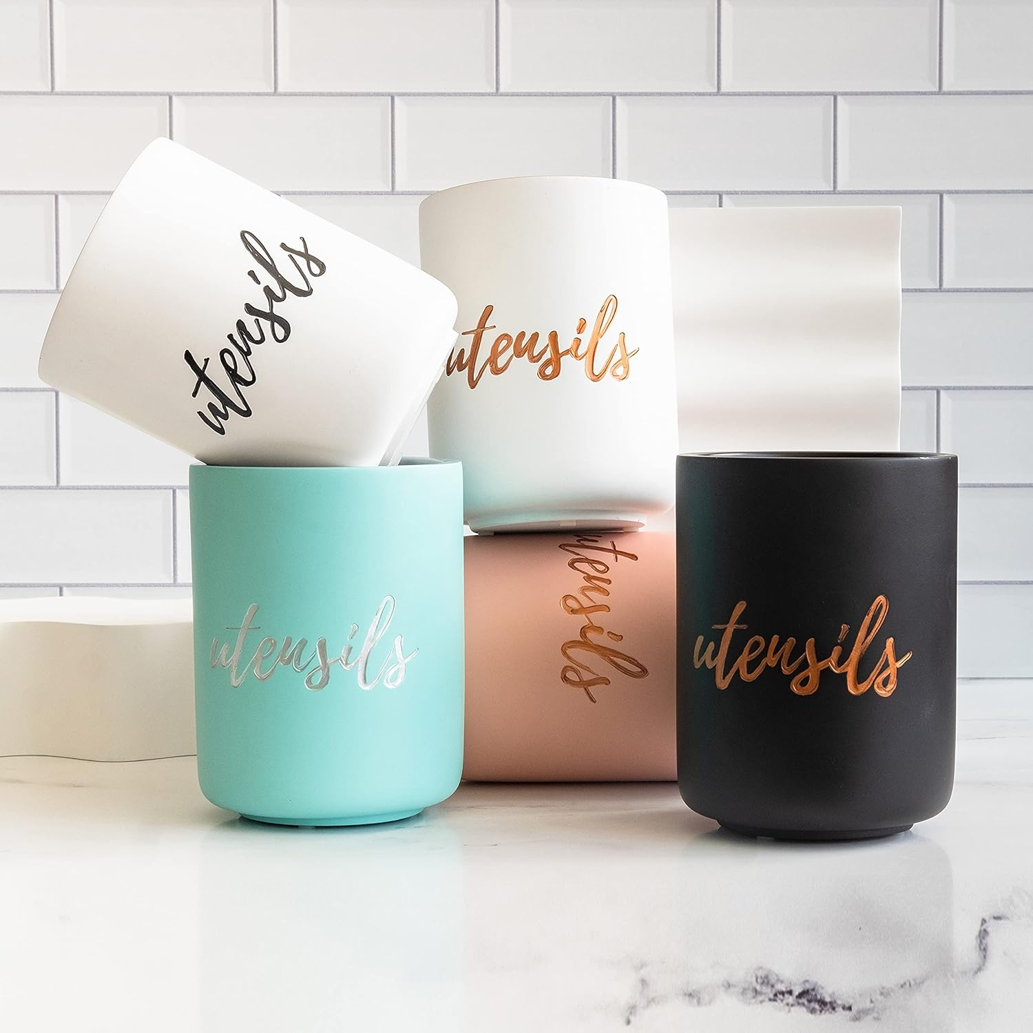 STYLED SETTINGS White Ceramic Utensil Holder with Interior Copper Finish - Large and Sturdy Spatula Holder - Rose Gold Kitchen Accessories, Stylish Countertop Utensil Organizer