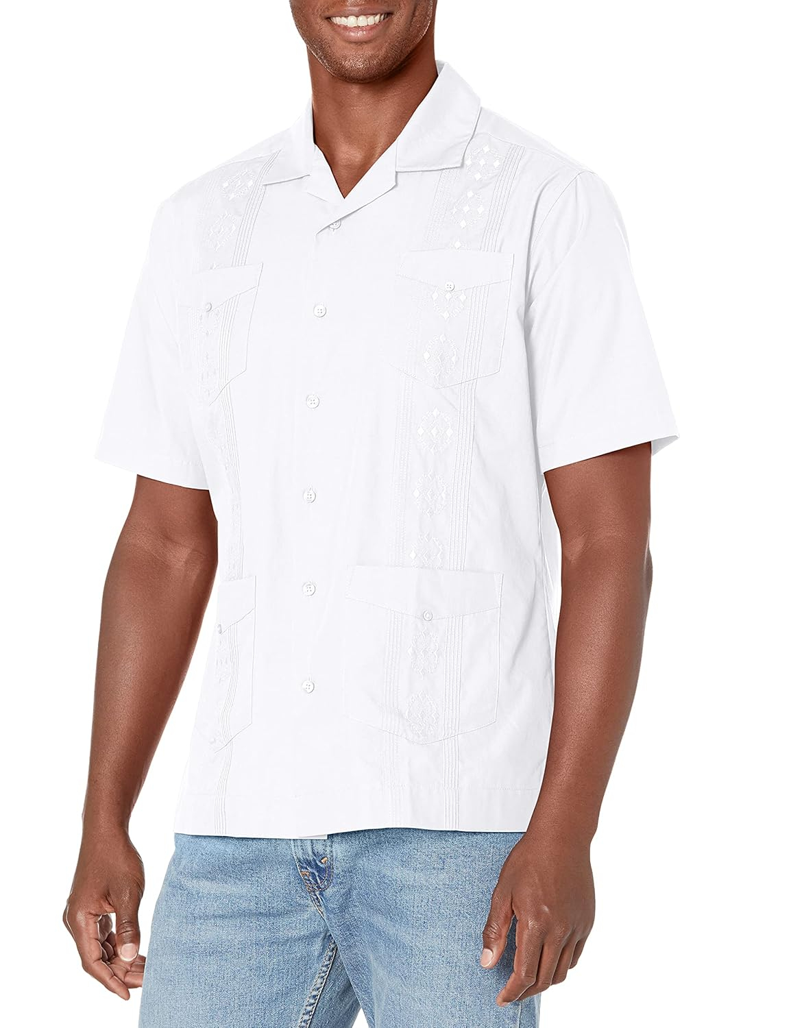 Cubavera Men's Authentic Embroidered Guayabera Shirt, Four Pockets, Camp Collar, Short-Sleeve Button-Down, Breathable Fabric