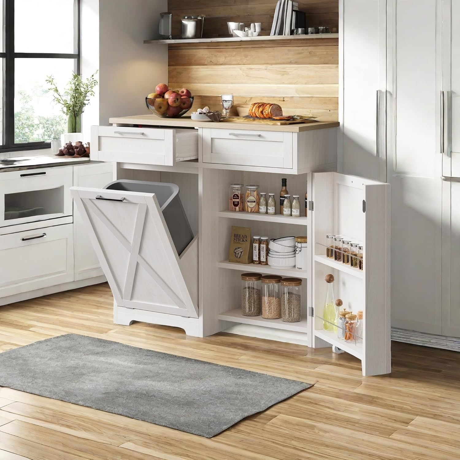 Coraluna Tilt Out Trash Can Cabinet for 10 Gallon Kitchen Island w/ Drawers Freestanding