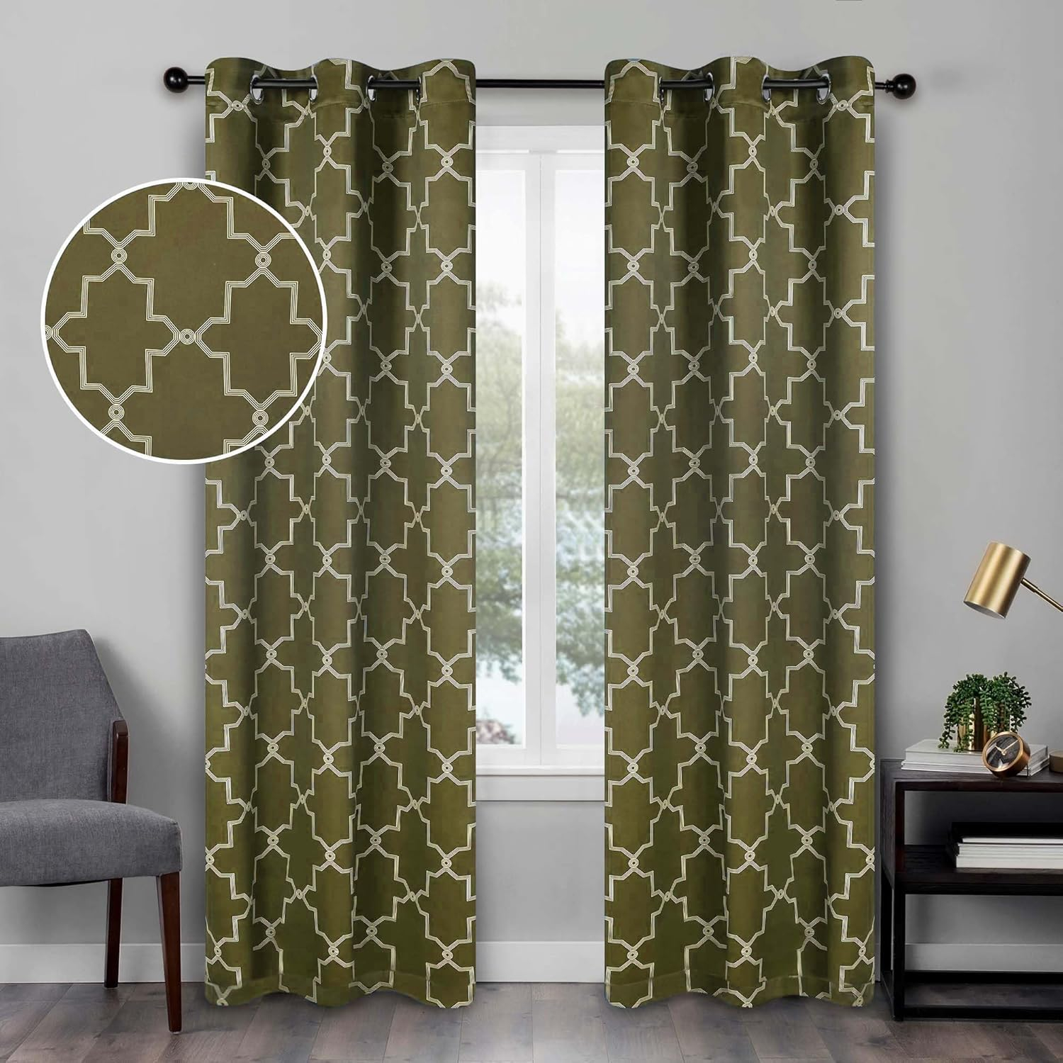 Superior Trellis Blackout Curtains, Rod Pocket, Set of 2, 42" x 96", Olive Green