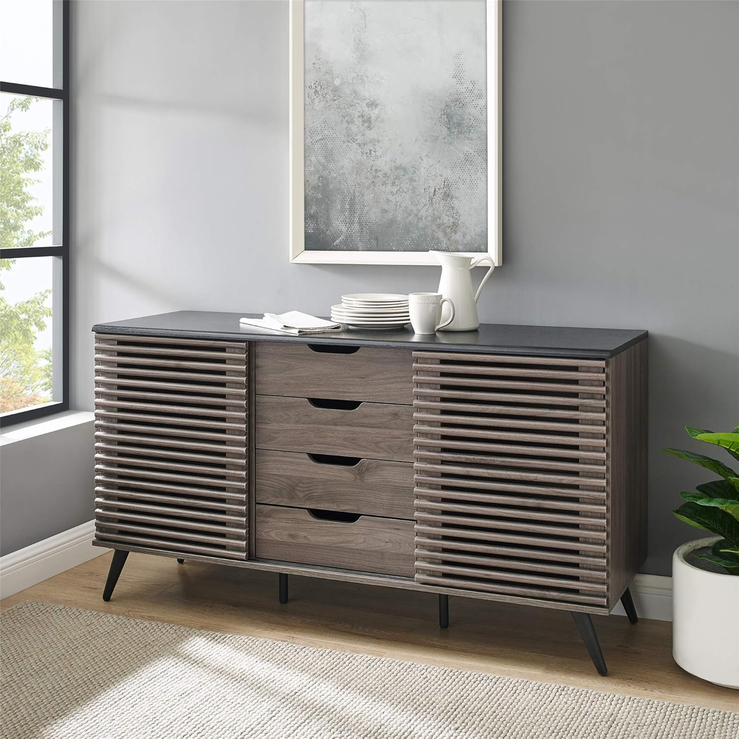 Walker Edison Modern Sliding Slat Door Sideboard, Ebony and Slate Grey