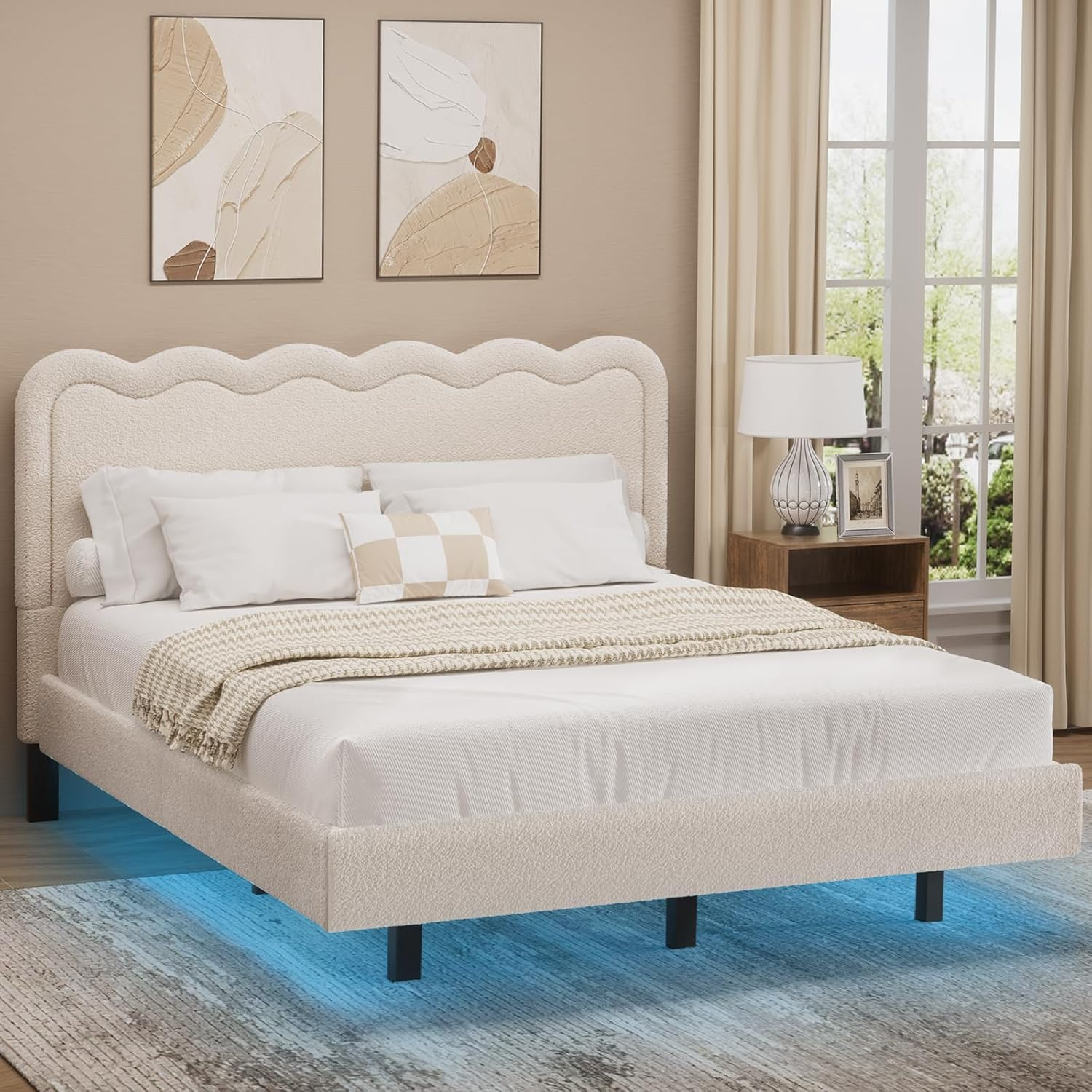 Queen Size Boucle Bed Frame, Upholstered Cloud Bed Frame with Adjustable Headboard, Soft Rounded Corners, No Box Spring Required, Easy Assembly, Black