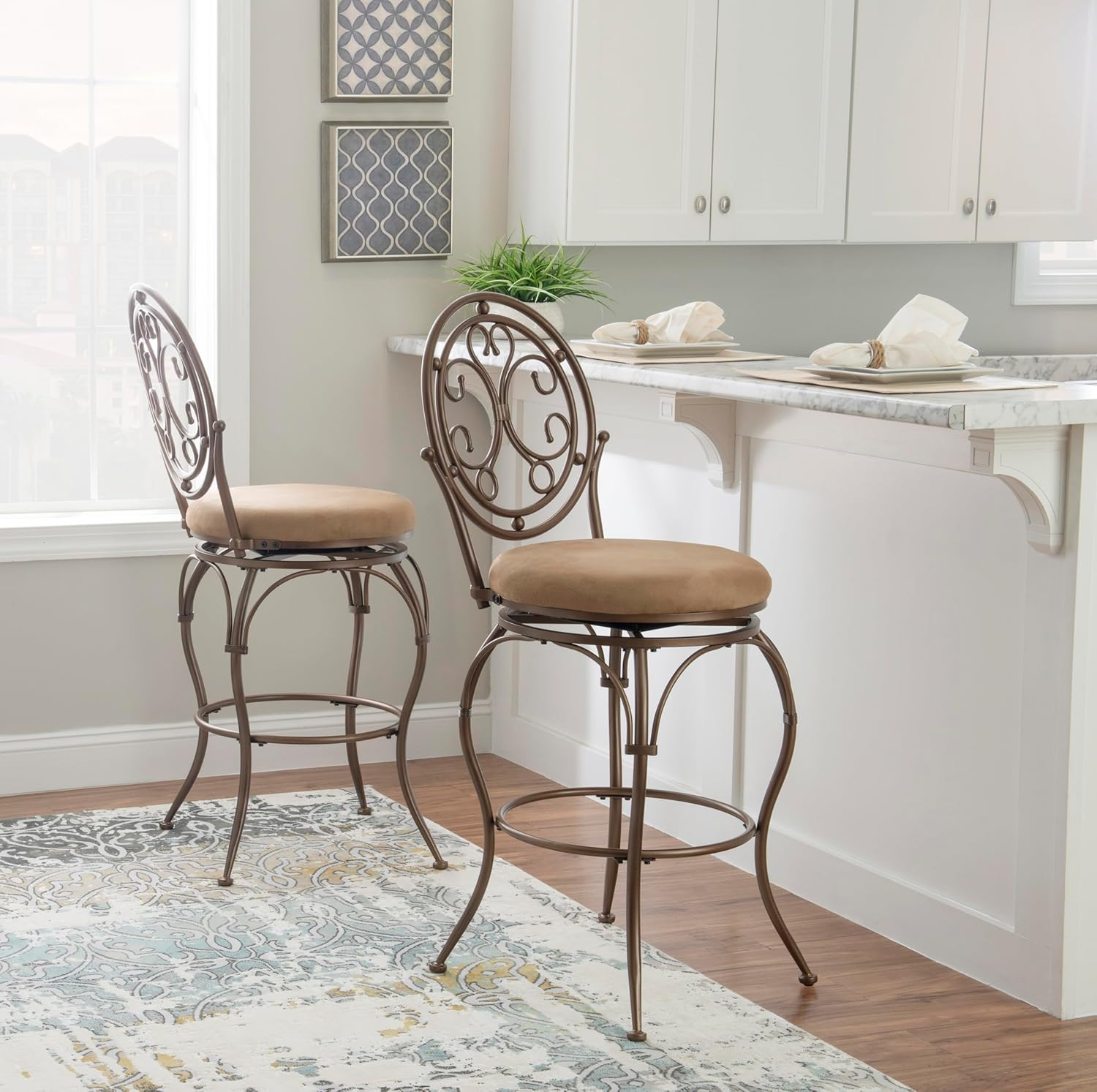 Linon Baila Big & Tall Metal Bar Stool Scroll Back Swivel Padded Seat in Bronze