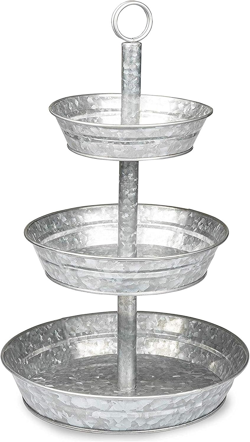 3 Tier Serving Tray - Galvanized, Rustic Metal Stand. Dessert, Cupcake, Fruit & Party Three Tiered Platter. Country Farmhouse Vintage Decor for The Kitchen, Home, Farm & Outdoor by Hallops