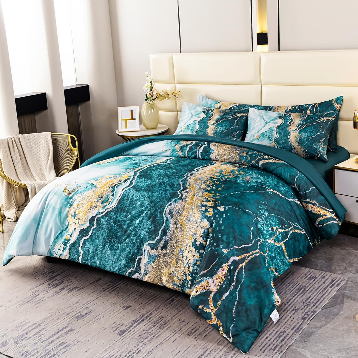 DANTUL 6 Pcs Orange Marble Printed Comforter With Sheet Sets Aesthetic Artwork Design Watercolor Bed In A Bag For All Season(Orange, King)
