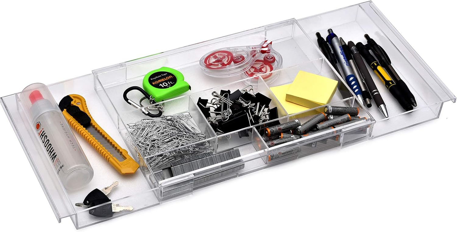 Masirs Expandable Drawer Organizer - Customizable Makeup Vanity Organizing Storage Tray for Bathroom, Bedroom & Desk Drawers - Clear Plastic Cosmetics Organizers with Expanding Compartment (Set of 2)