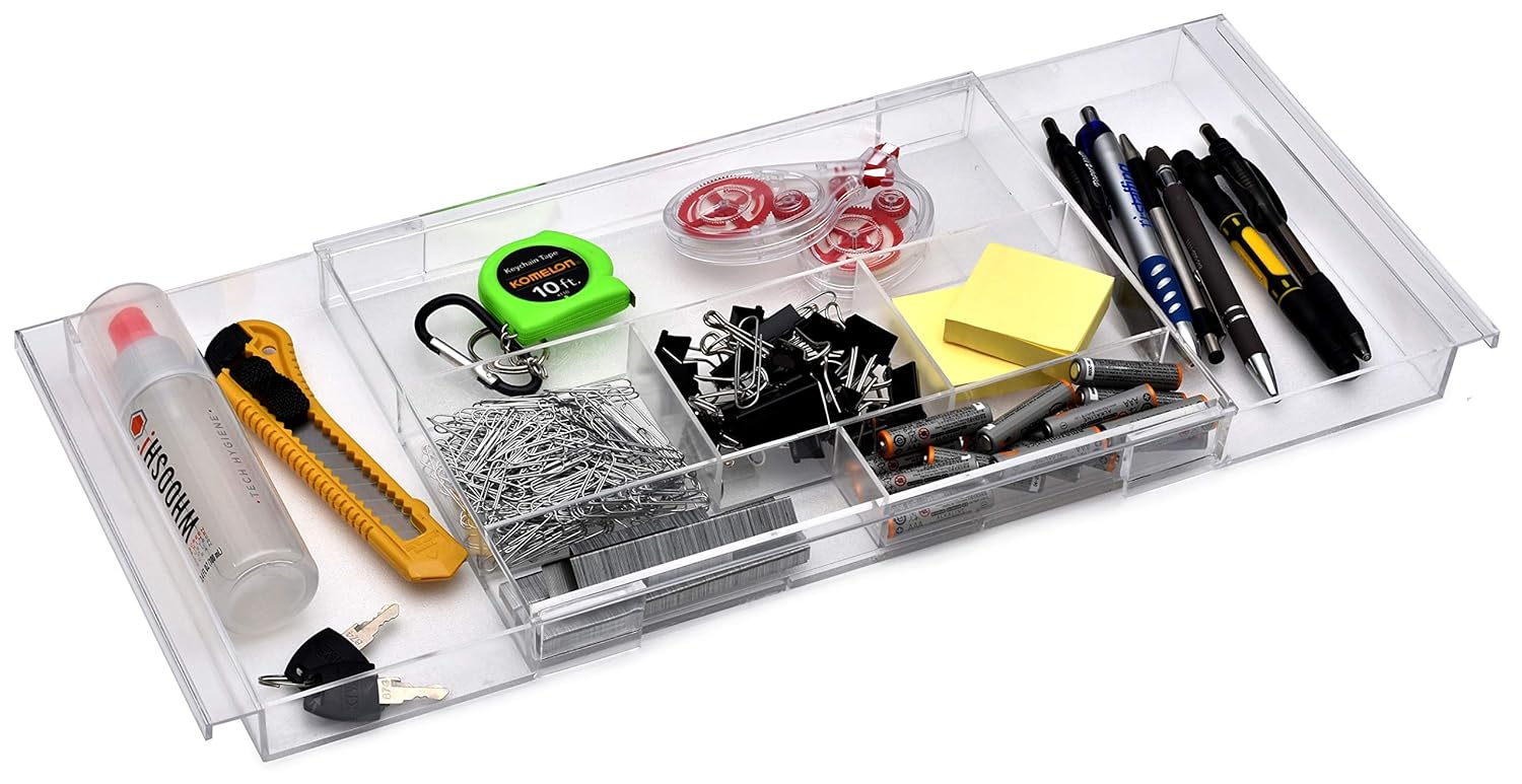 Masirs Expandable Drawer Organizer - Customizable Makeup Vanity Organizing Storage Tray for Bathroom, Bedroom & Desk Drawers - Clear Plastic Cosmetics Organizers with Expanding Compartment (Set of 2)