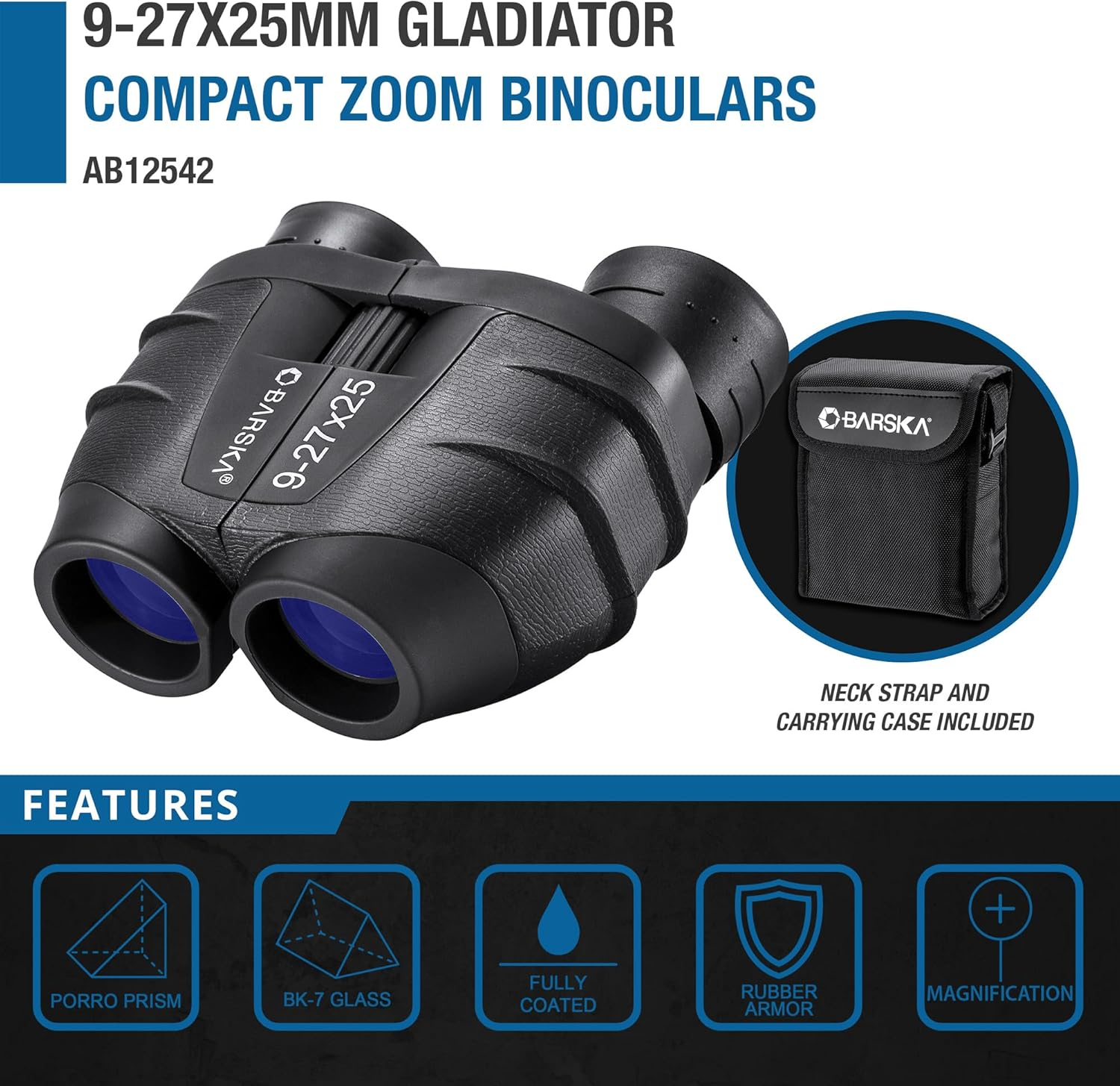 9-27x25mm Gladiator Compact Zoom Binoculars by Barska