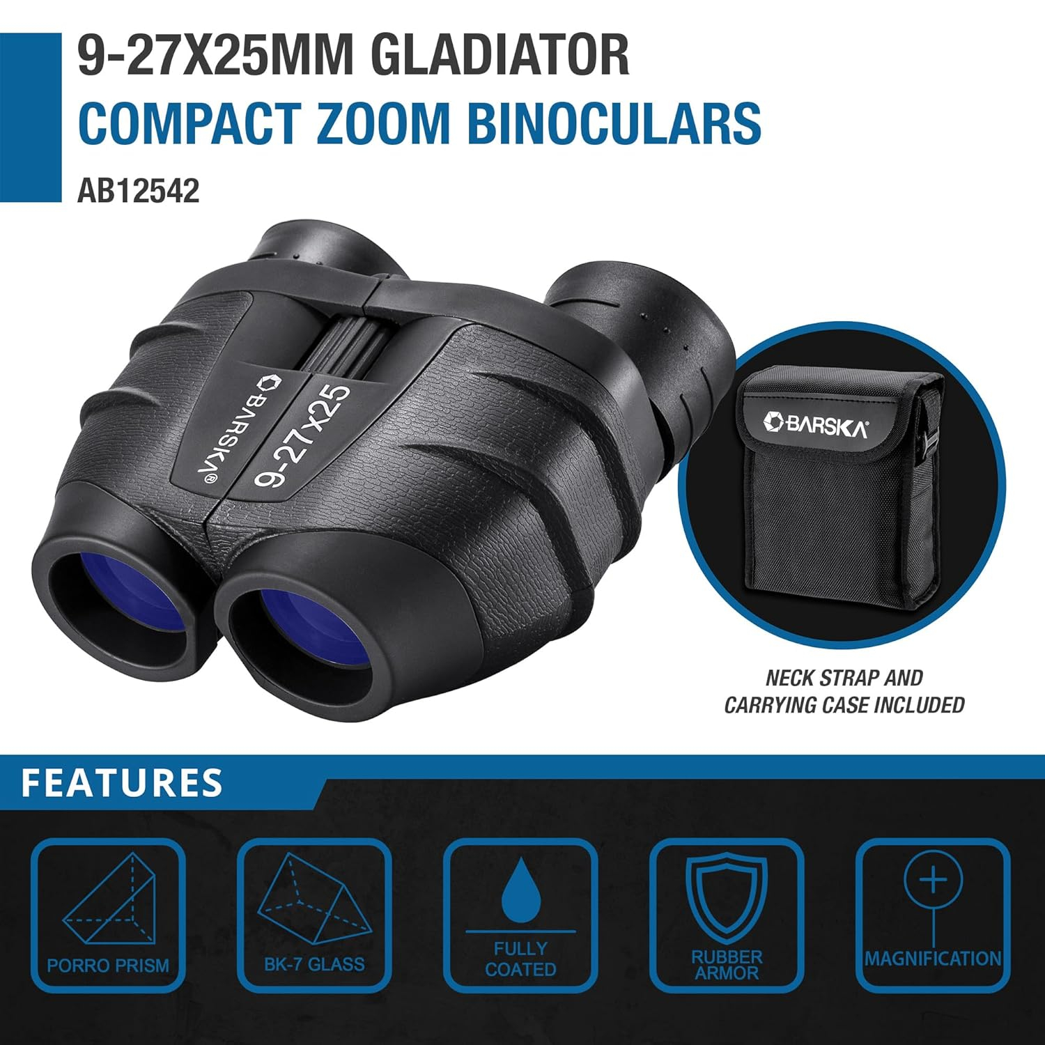 9-27x25mm Gladiator Compact Zoom Binoculars by Barska