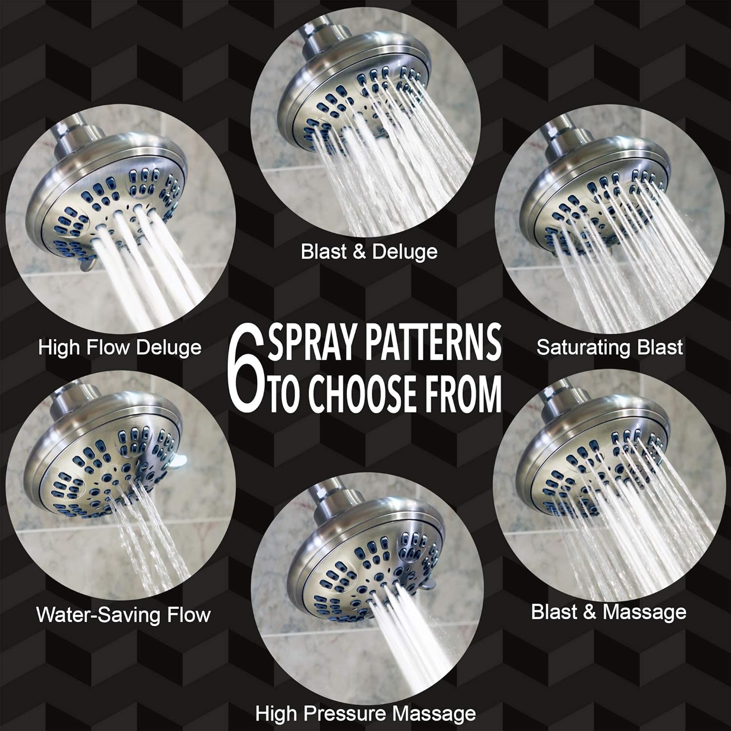 Aqua Elegante Brushed Nickel 1.8 GPM Luxury Shower Head, 6 Settings, BPA Free, Self-Cleaning Nozzles, Durable Brass Fittings