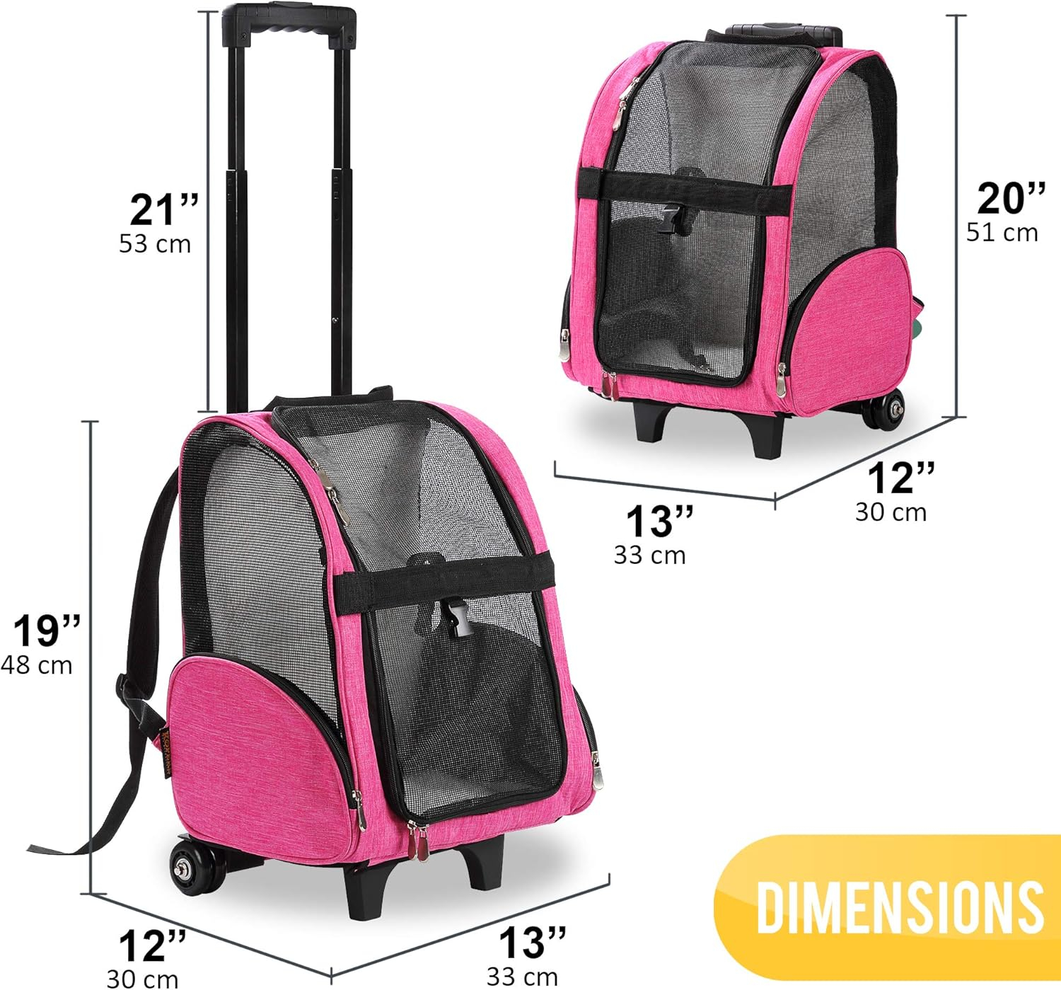 Pink Rolling Backpack Pet Carrier with Mesh Panels
