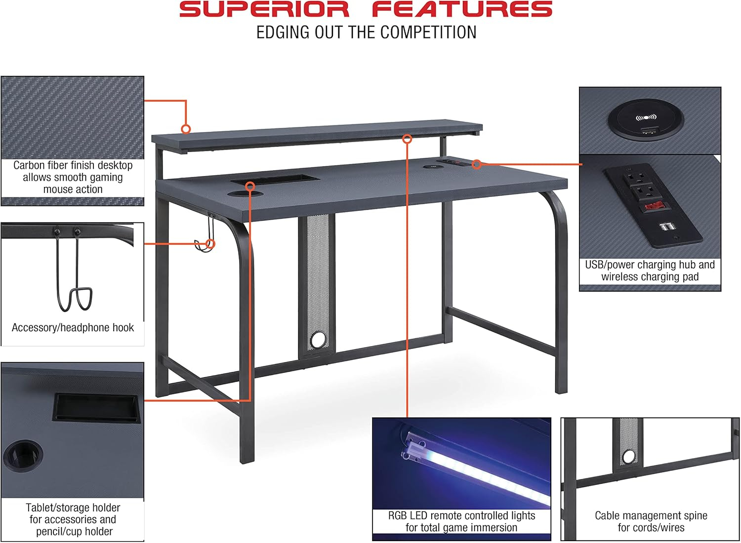 OSP Home Furnishings Reload 48-Inch Gaming Desk in Gray Steel Metal