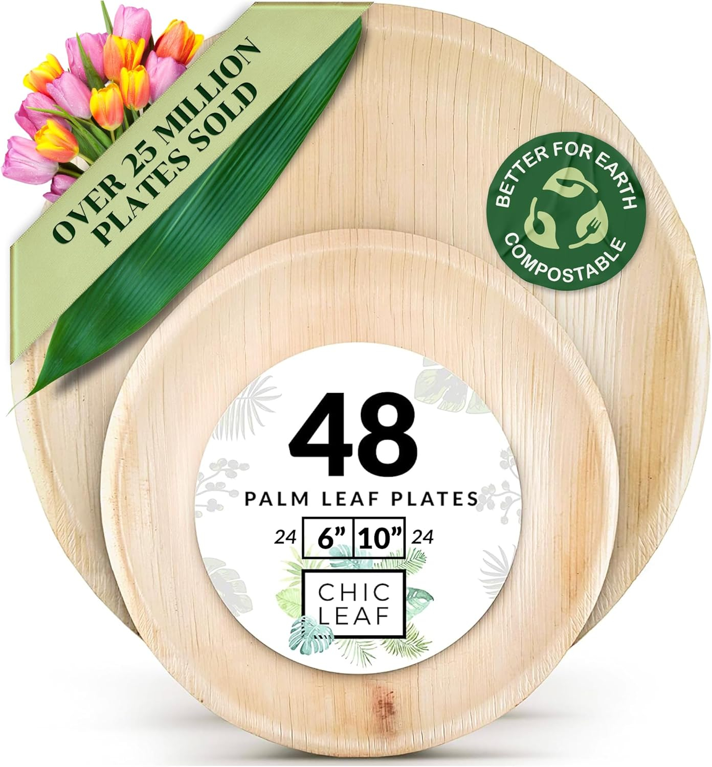 Chic Leaf, Compostable & Disposable Plates, Round, Natural Color, Palm Leaf, 48 Pc, 10” & 6”