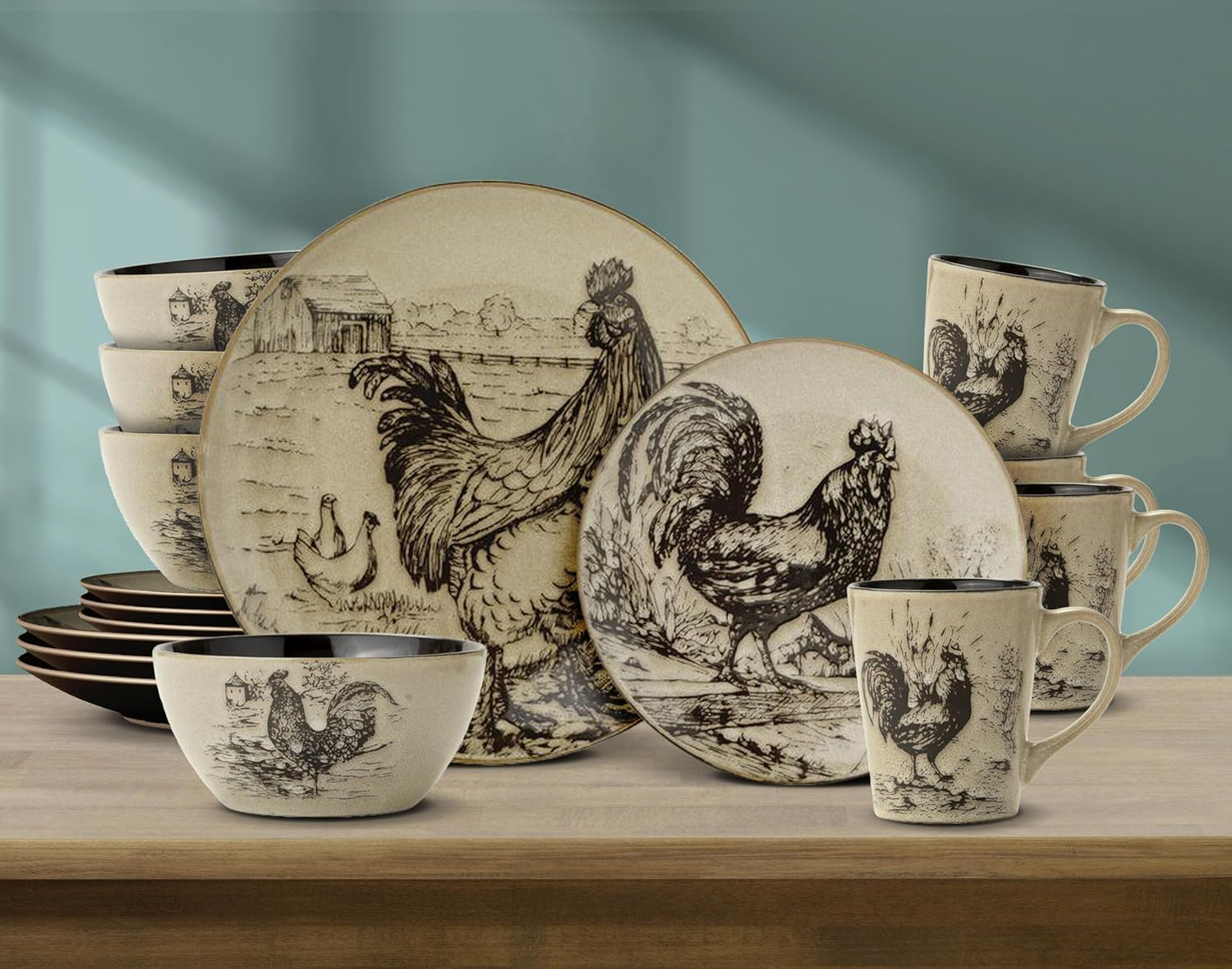 Pfaltzgraff Homespun Rooster 16-Piece Dinnerware Set, Service for 4 Brown