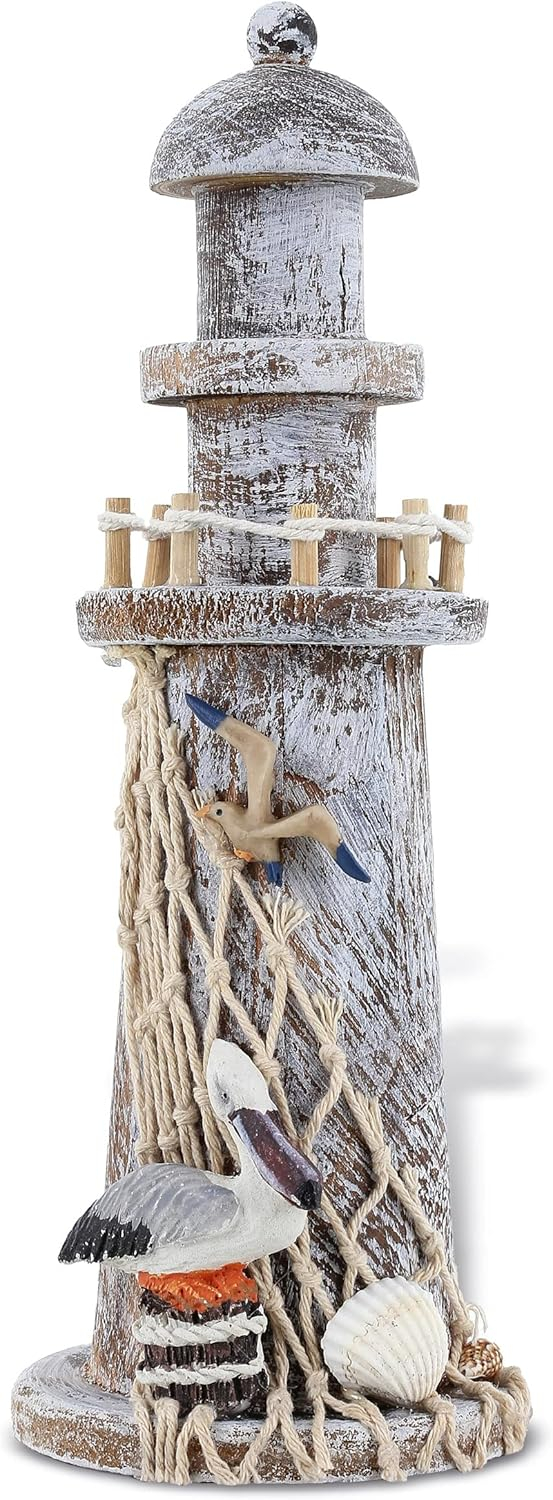 CoTa Global Brown Wooden Lighthouse Decor - Handmade and Crafted Wooden Lighthouse Decoration with Pelican and Fishing Net, Beach Style Tabletop Home Decor - Handmade Color May Vary - 8.75 Inches