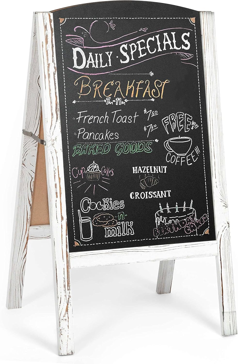 Ilyapa A-Frame Chalkboard Sidewalk Sign - Rounded Top Folding Standing Sandwich Sign for Restaurant, Office, Weddings - Rustic White, 18 x 31.5