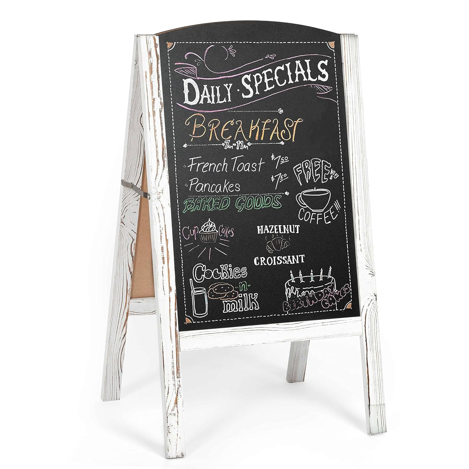 Ilyapa A-Frame Chalkboard Sidewalk Sign - Rounded Top Folding Standing Sandwich Sign for Restaurant, Office, Weddings - Rustic White, 18 x 31.5