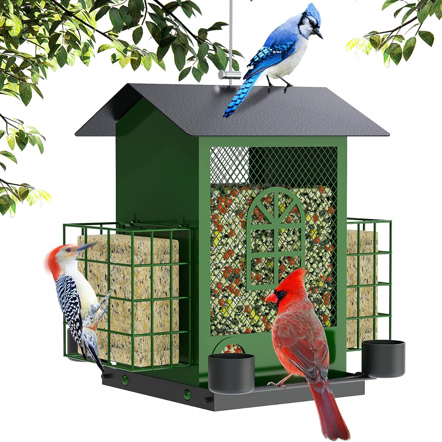 PerchMe®Bird Feeders for Outdoors Hanging, Metal Bird House Feeder with 2 Suet Cage and 4 Water Cups,Large Capacity,Weatherproof,Easy to Clean & Refill-Green