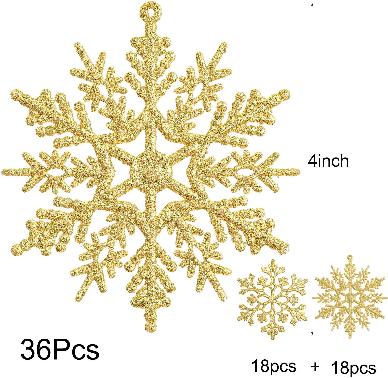 DearHouse 36Pcs Christmas Glitter Snowflake Ornaments, 4 Inch Plastic Snowflake Christmas Tree Ornaments Decorations for Winter Wonderland Christmas Party Decorations, Gold