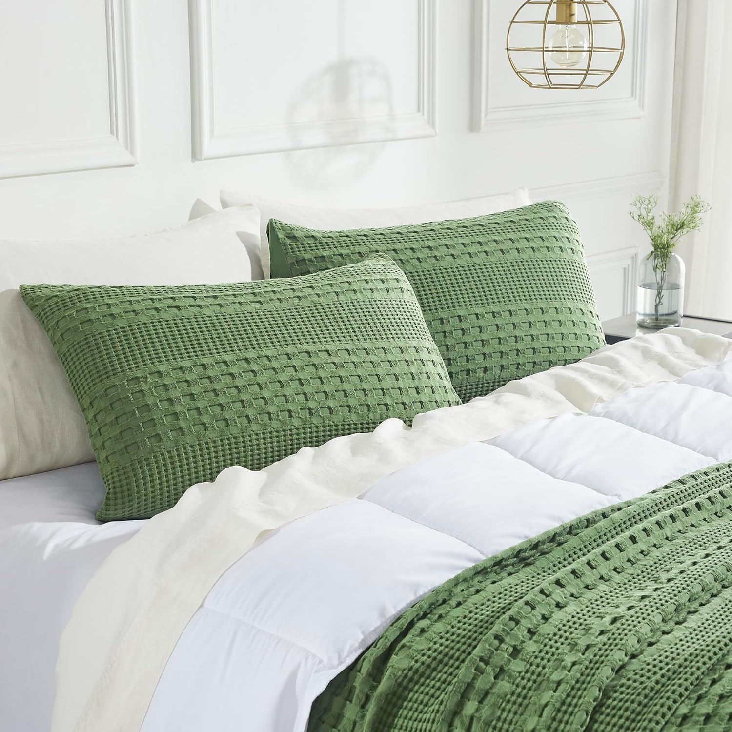 VHC Brands 100% Cotton Waffle Weave Olive Green Standard Sham Set of 2 20x26, Decorative Throw Pillow Covers/Shams, Boho Farmhouse Bedroom Decor