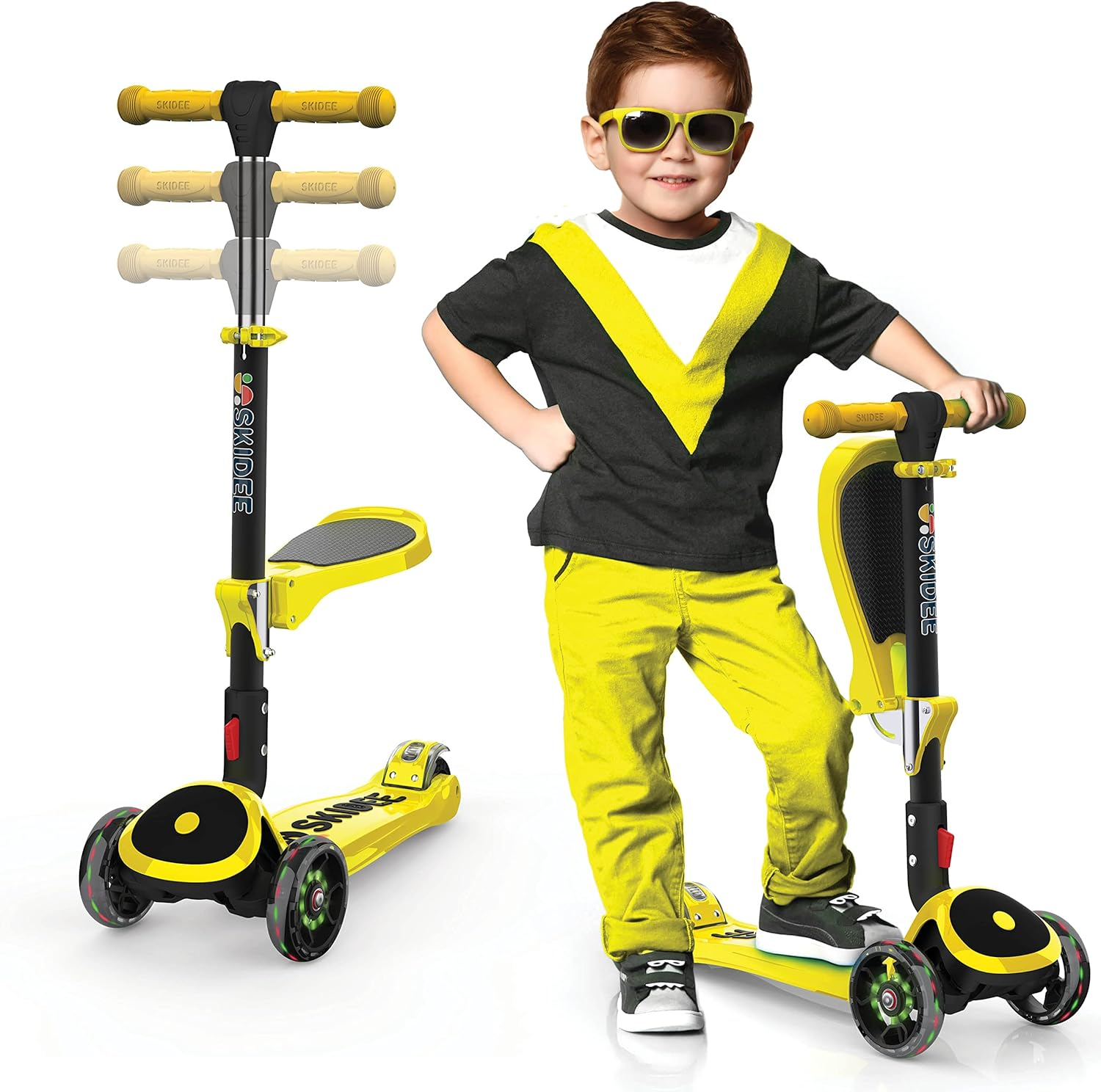Skidee Kick Scooters for Kids, Adjustable Height, Foldable, LED Lights, Rear Brake, Ages 2-12, Yellow