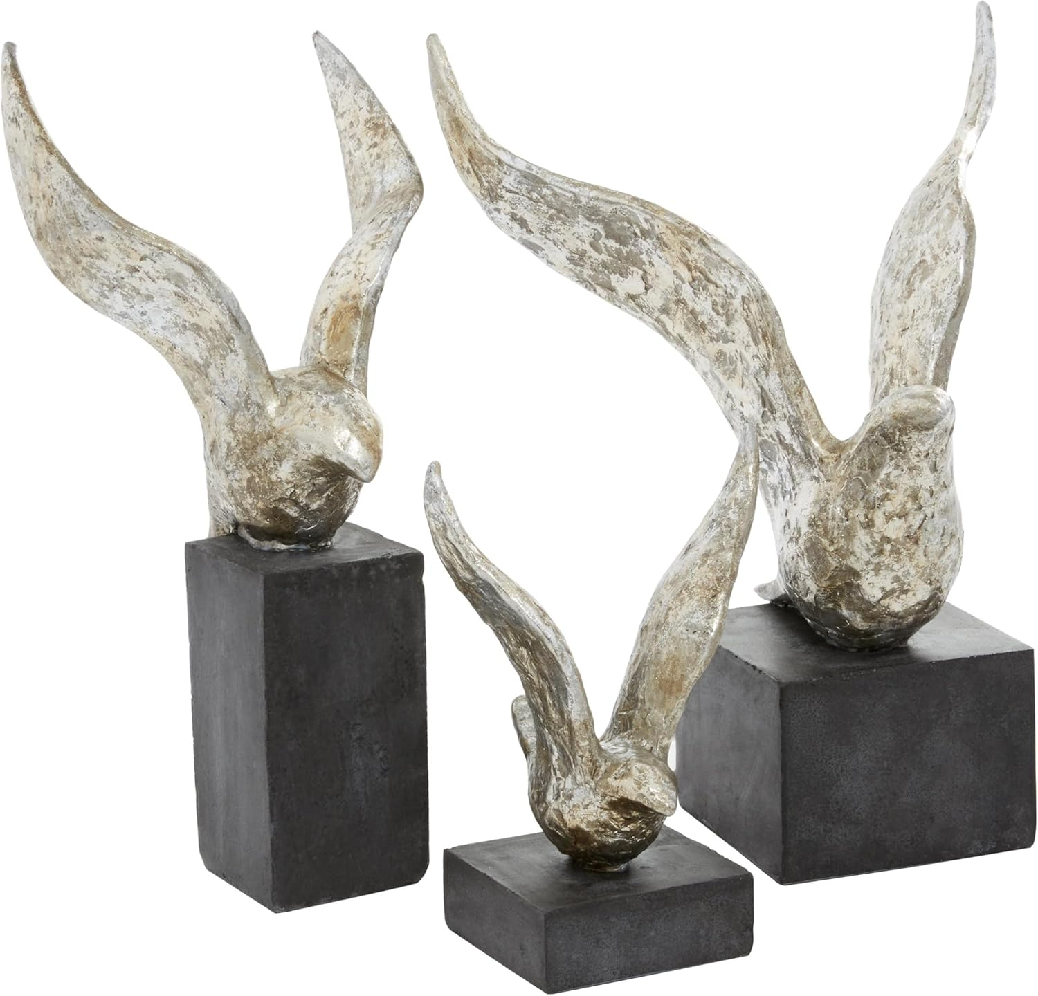 14", 9", 14"H Silver Polystone Bird Sculpture, by DecMode (3 Count)