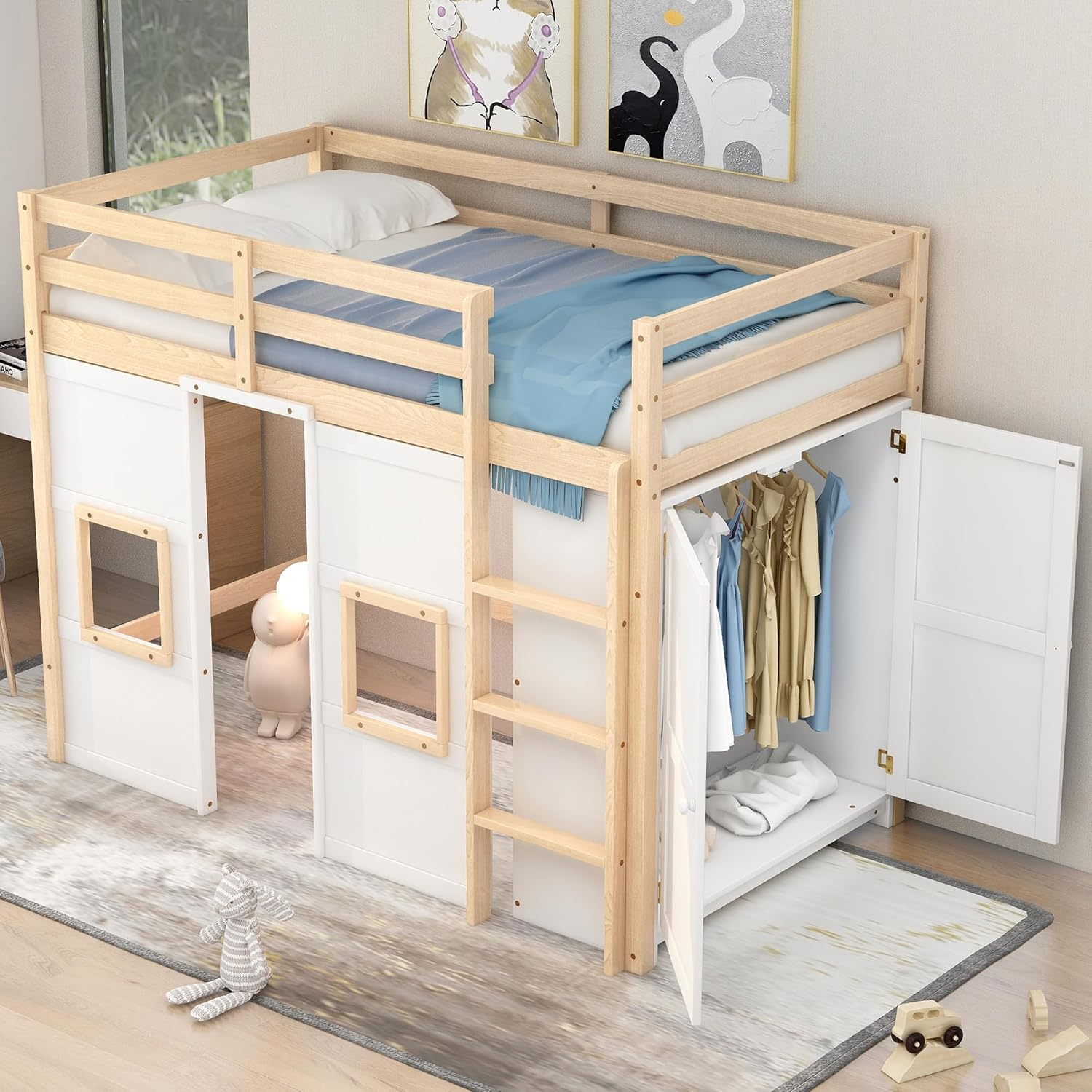 Merax Wood Loft Bed Twin Size with Storage Wardrobe, 2 Windows Design, for Teens, Boys & Girls, White