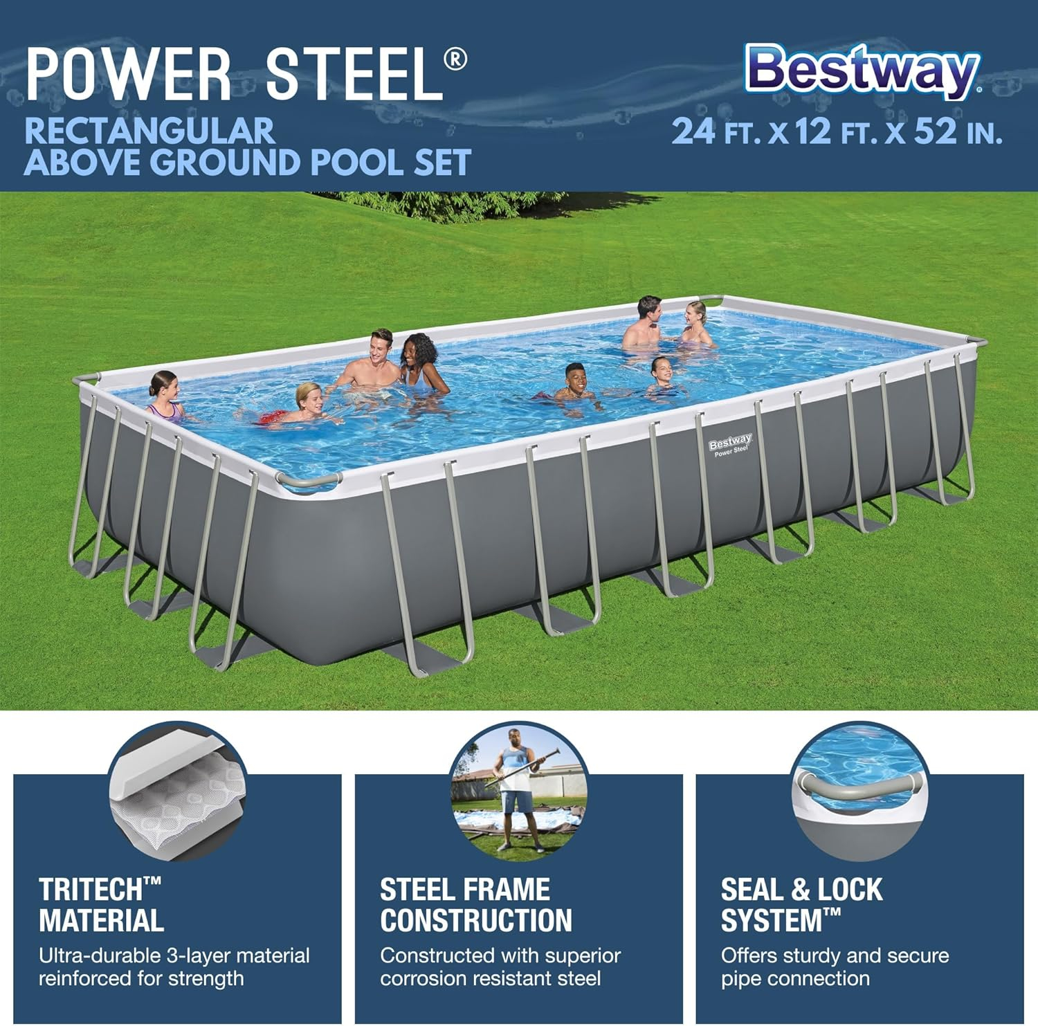 Bestway 24-ft x 12-ft x 52-in Metal frame Rectangle Above-Ground Pool with Filter Pump with Pool Cover with Ladder