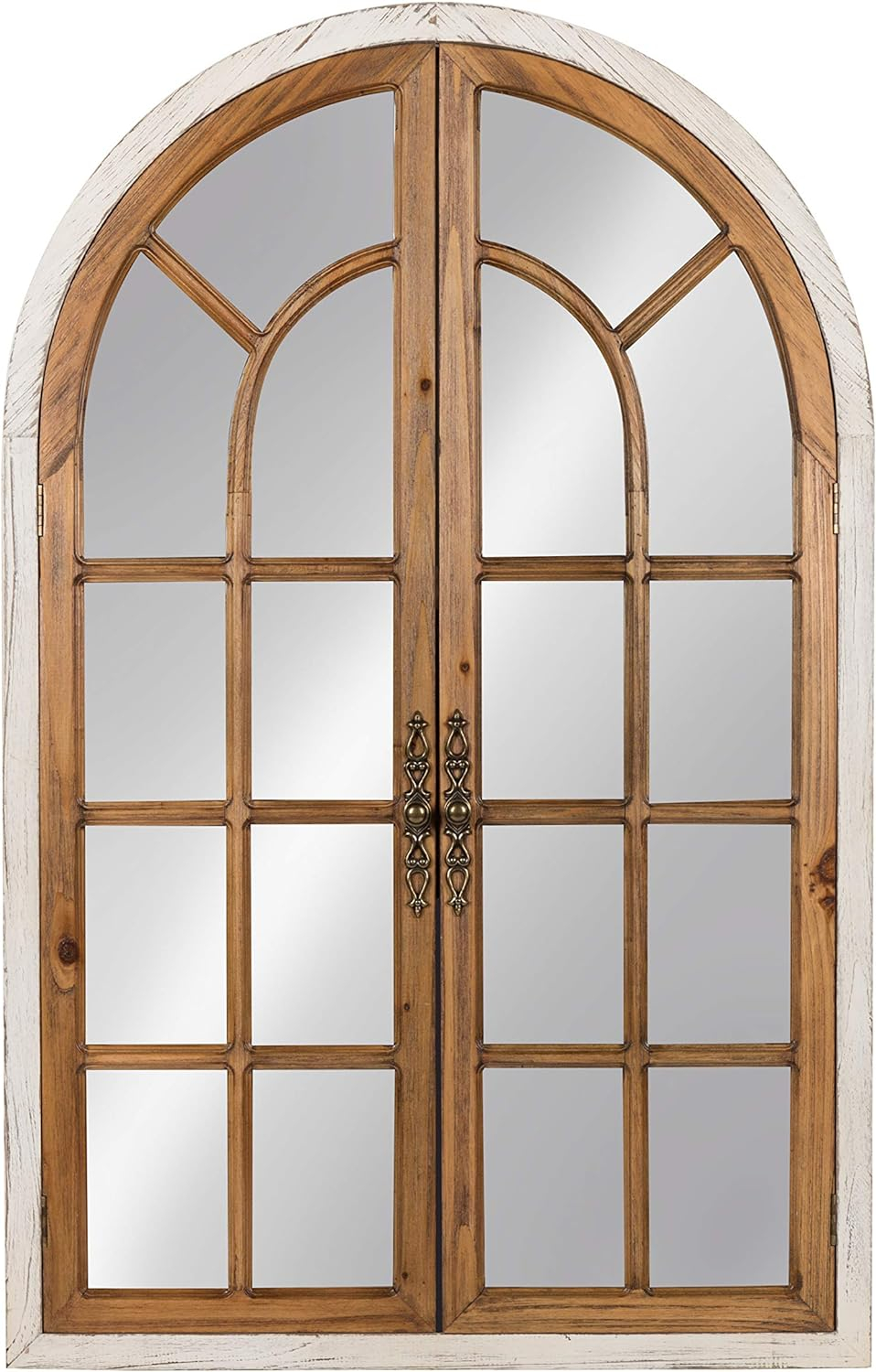 Kate and Laurel Boldmere Large Traditional Wood Windowpane Arch Mirror, 28x44, Rustic Brown and White