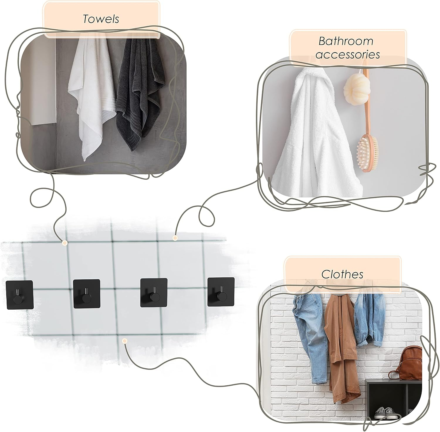 Matte Black Self Adhesive Towel Hooks for Bathroom Wall Door Mounted - SUS304 Stainless Steel Strong Strips Stick on 3M Wall Hooks for Hanging Coat, Hat, Bag, Key, Jacket – 4 Pack