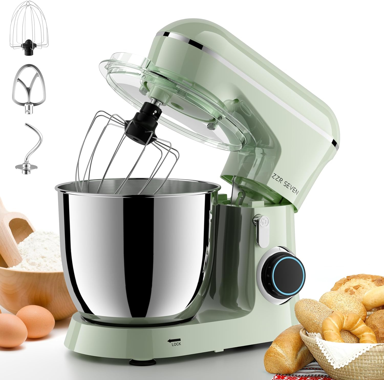 Stand Mixer, Dough Mixer, Cake Mixer, Kitchen Mixer with Bowl SS 5.5 QT, 450W Copper Motor, Standing Mixer with Beater, Dough Hook, SS Egg Whisk (450W Green)