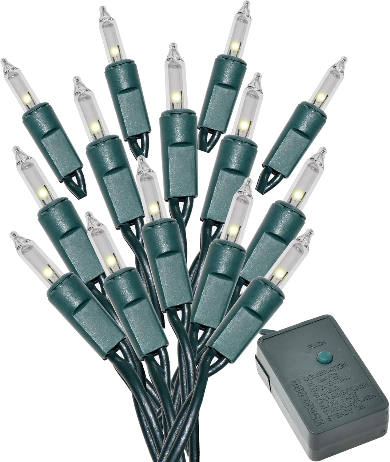 Holiday Essence Chasing Christmas Lights, 8 Function Controller 140 Clear Mini Bulbs Green Wire Indoor String Lights, 31.2 Feet Long Holiday Decor