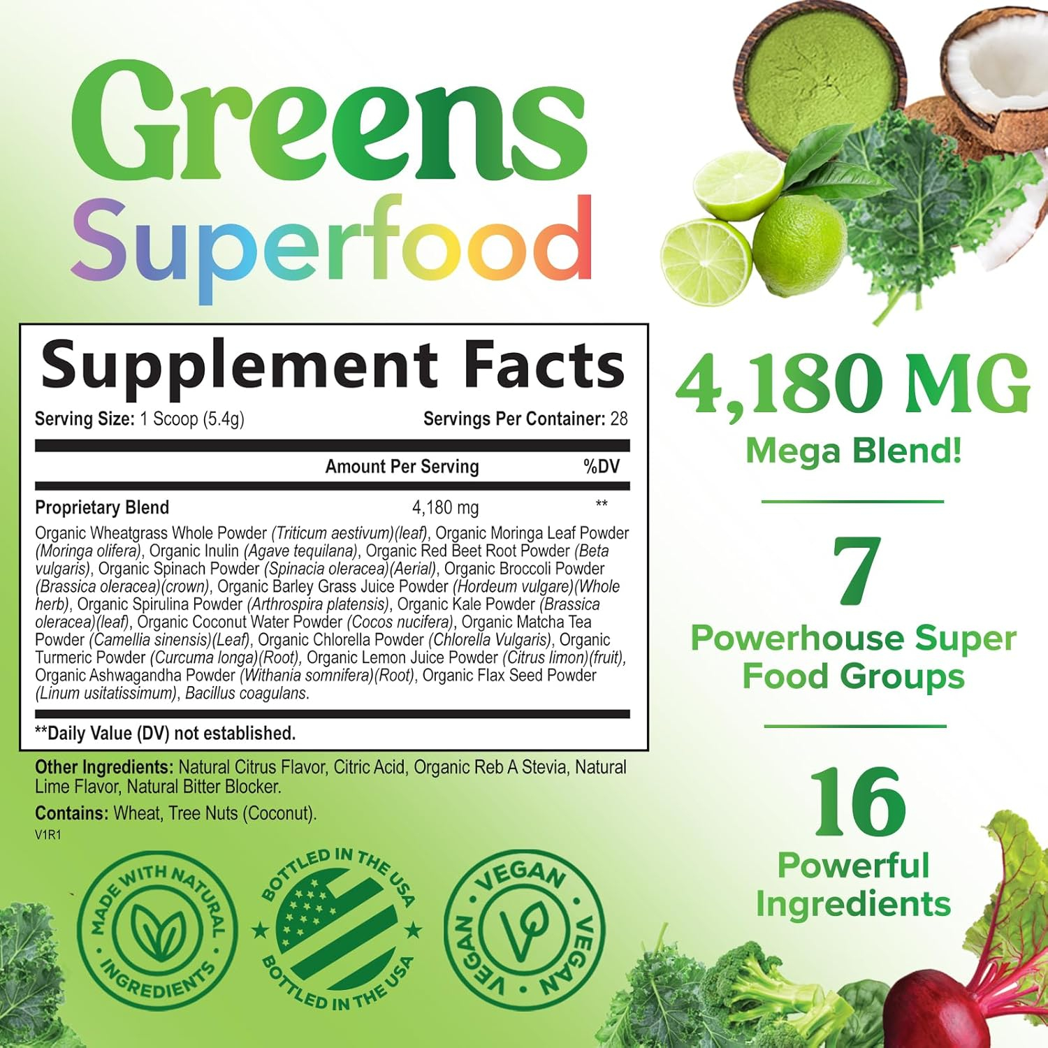 Greens Superfood Powder - Original Organic Super Greens Juice Powder - Packed with Probiotics, Wheat Grass, Enzymes, Spirulina, Chlorella for Digestive & Gut Health, Smoothie Drink Mix - 28 Servings