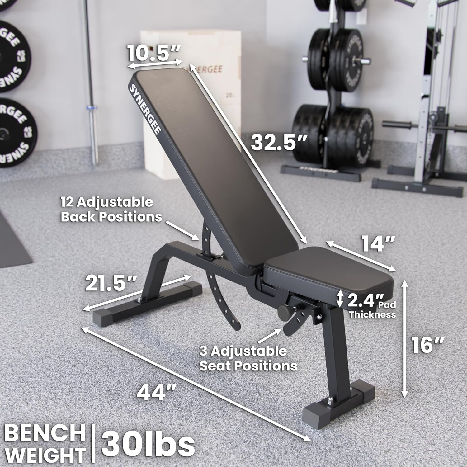 Synergee Banco de Entrenamiento Inclinado Ajustable Banco de Pesas para Ejercicios y Entrenamientos con Mancuernas y Barras. Ideal para Gimnasios Comerciales, Garajes y en Casa.