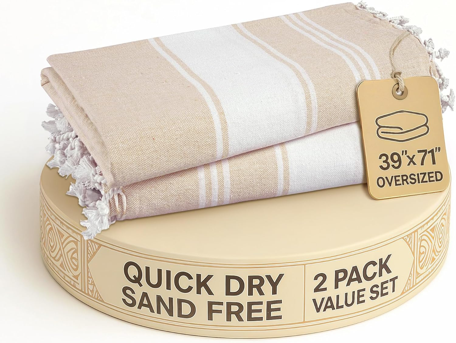 LANE LINEN Oversized Beach Towels, 2 Pack Turkish Towel Set for Adults, Lightweight, Quick Dry, Absorbent & Sand Proof, 39"x71" Pool Towels – Beige