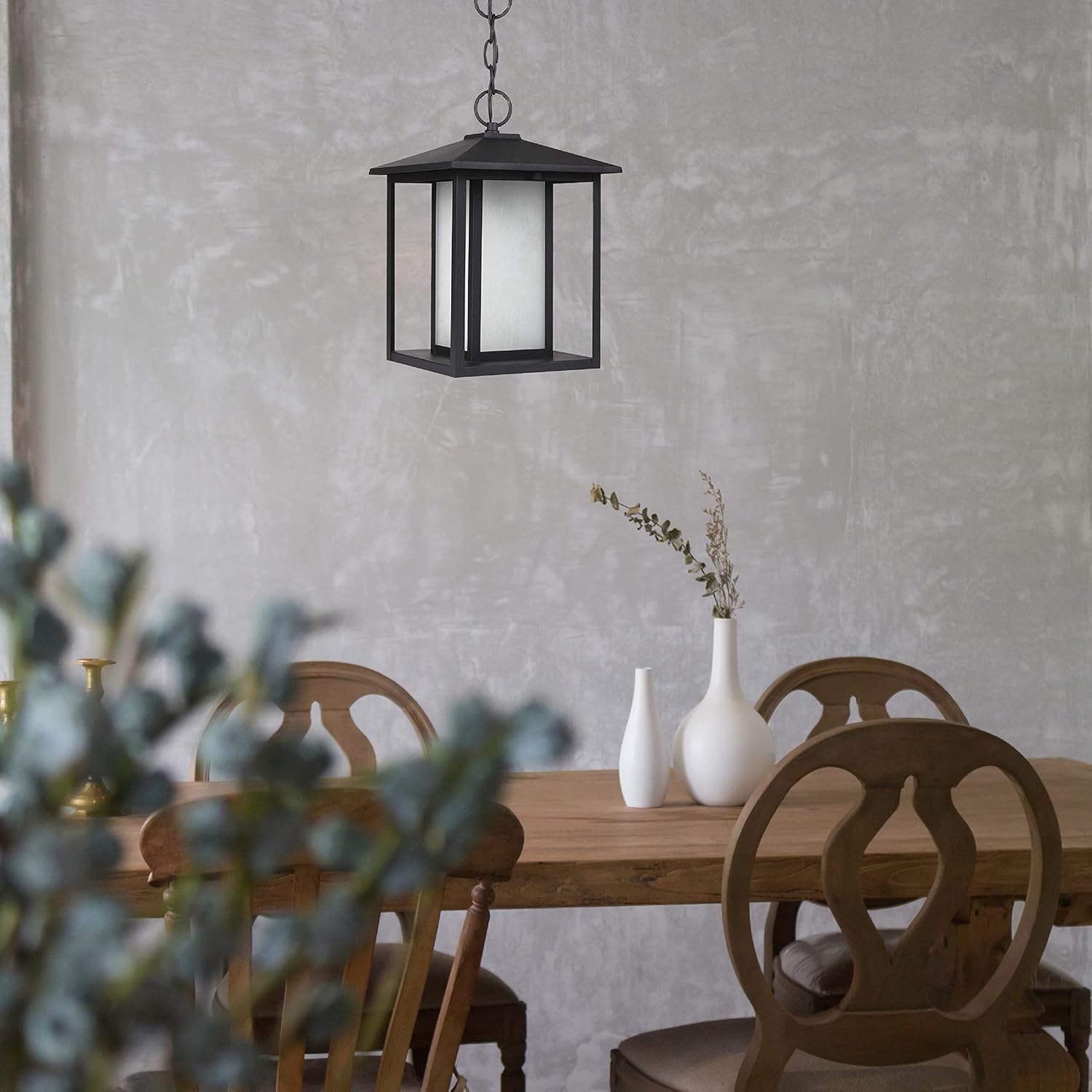 Hunnington Black LED Outdoor Pendant with Clear Seeded Glass