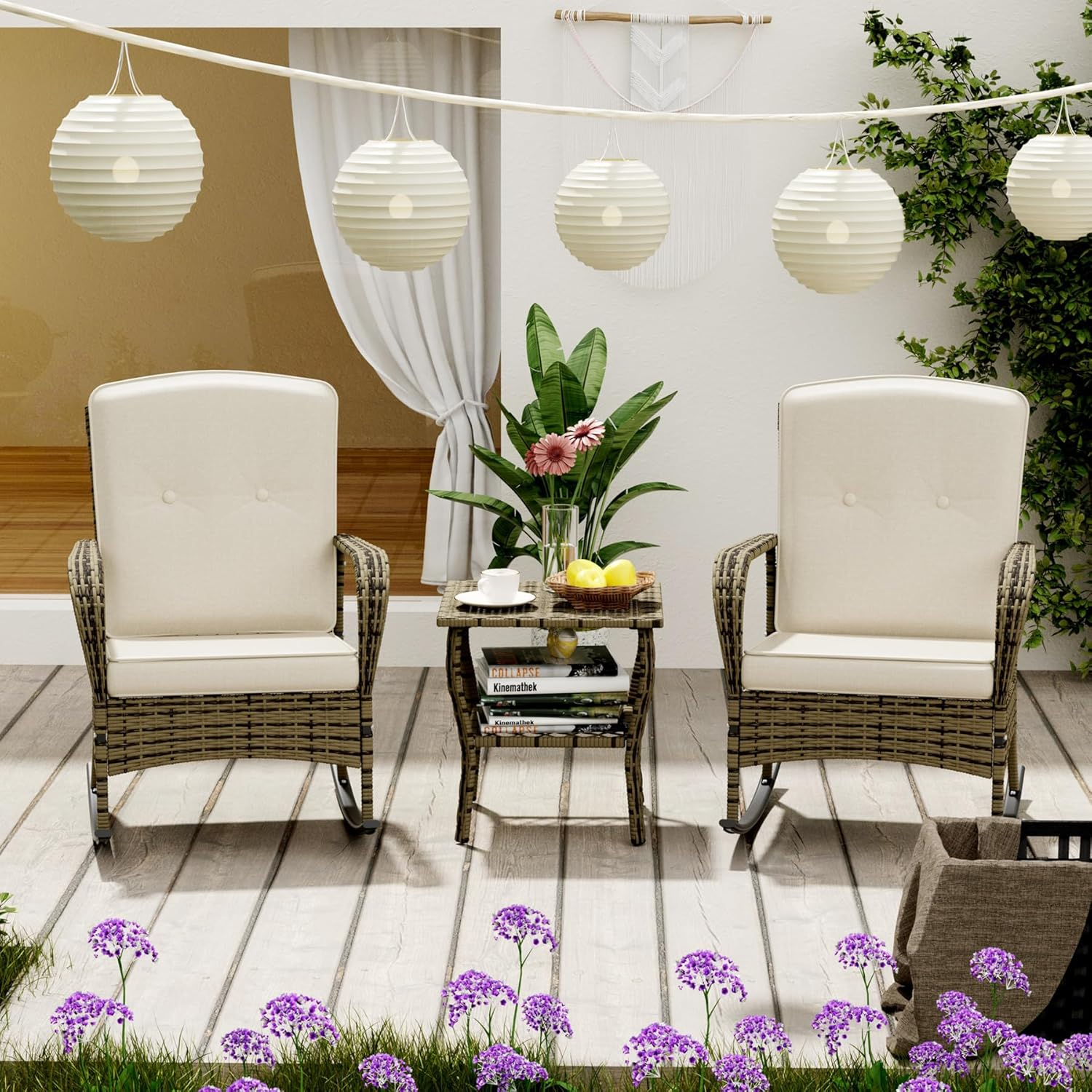 3 Pieces Patio Conversation Set, Outdoor Rocking Chair, Wicker Bistro Set, Outdoor Furniture with Porch Chairs and Coffee Table for Deck Garden Poolside, Beige