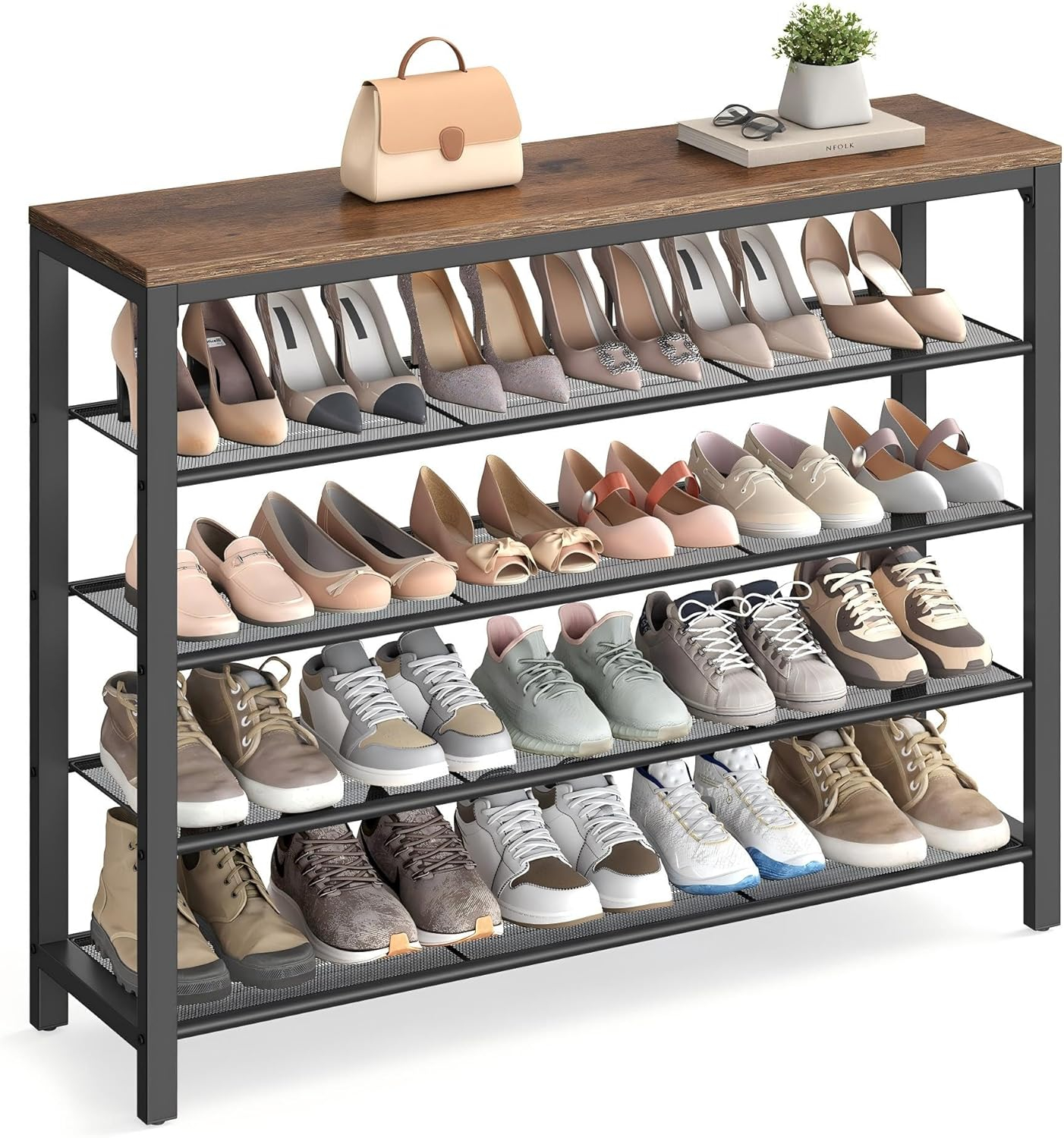 5-Tier Shoe Rack Bench Shoe Organizer for Closet 4 Mesh Shelves Entryway Hallway Shoe Shelf Steel Frame Industrial Brown and Black