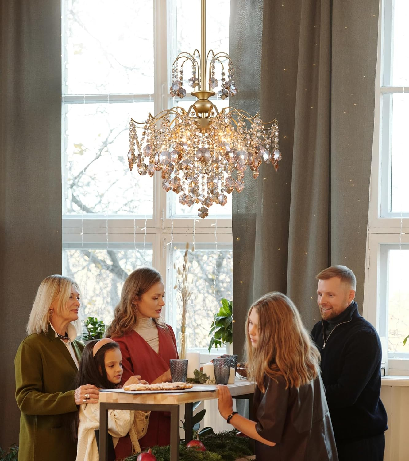 Q&S Modern Gold Crystal Chandelier Amber Crystal Pendant Light 6 Lights for Bedroom Dining Room Entryway Hallway Office Bathroom UL Listed