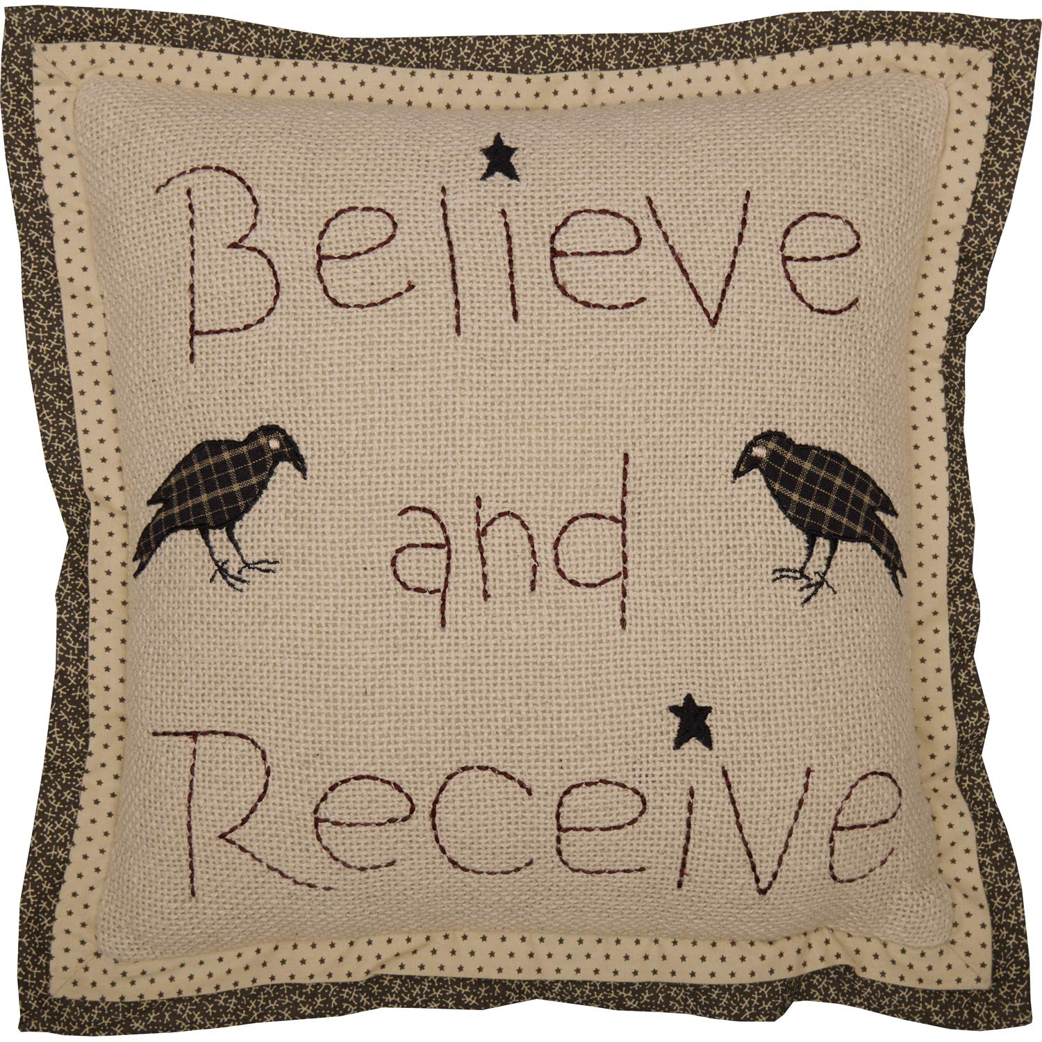 VHC Brands Kettle Grove Believe and Receive Pillow 12x12 Country Primitive Bedding Accessory, Tan