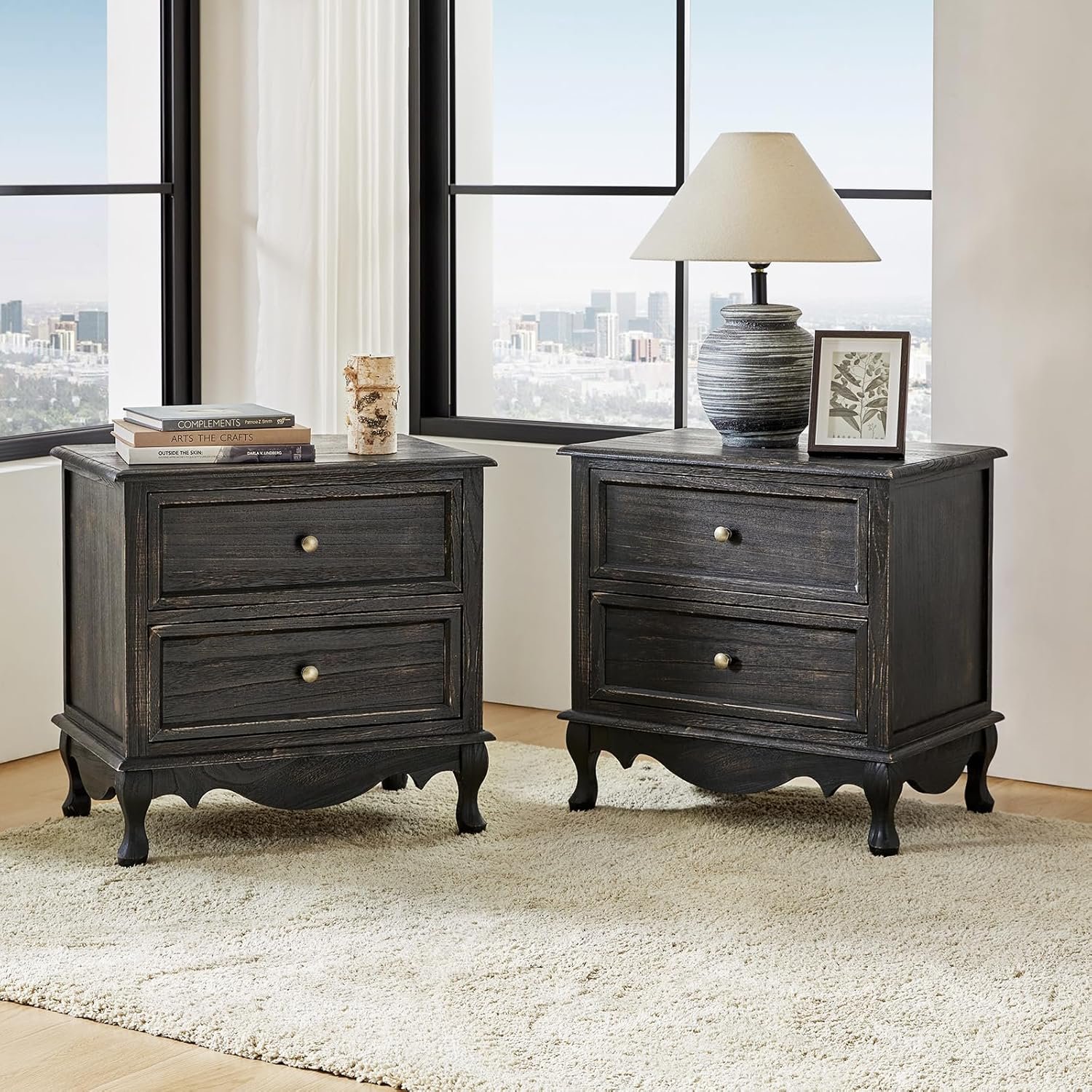 Charcoal Solid Wood French Country 2-Drawer Nightstand Set