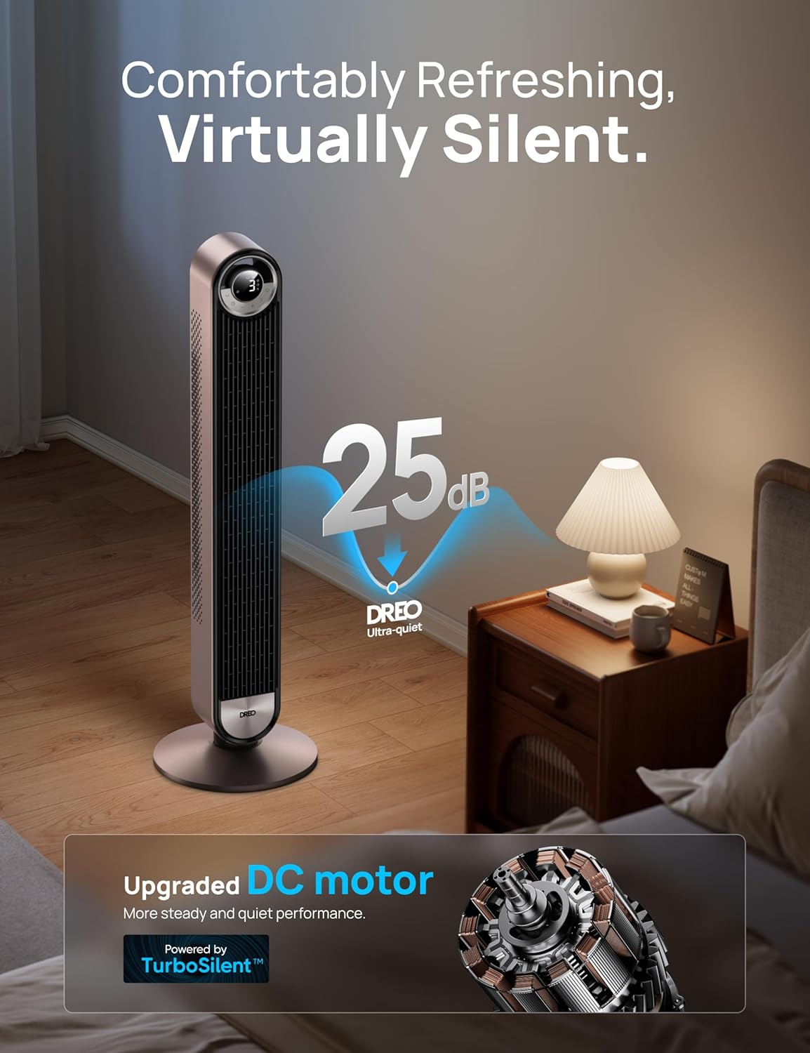 Dreo Tower Fan for Bedroom, 90° Oscillating Standing Fan with 28ft/s Velocity, 25dB Quiet for Sleep, DC Motor, 9 Speeds, 4 Modes, 12H Timer, Voice & APP & Remote Control, 42" Cruiser Pro T2 S