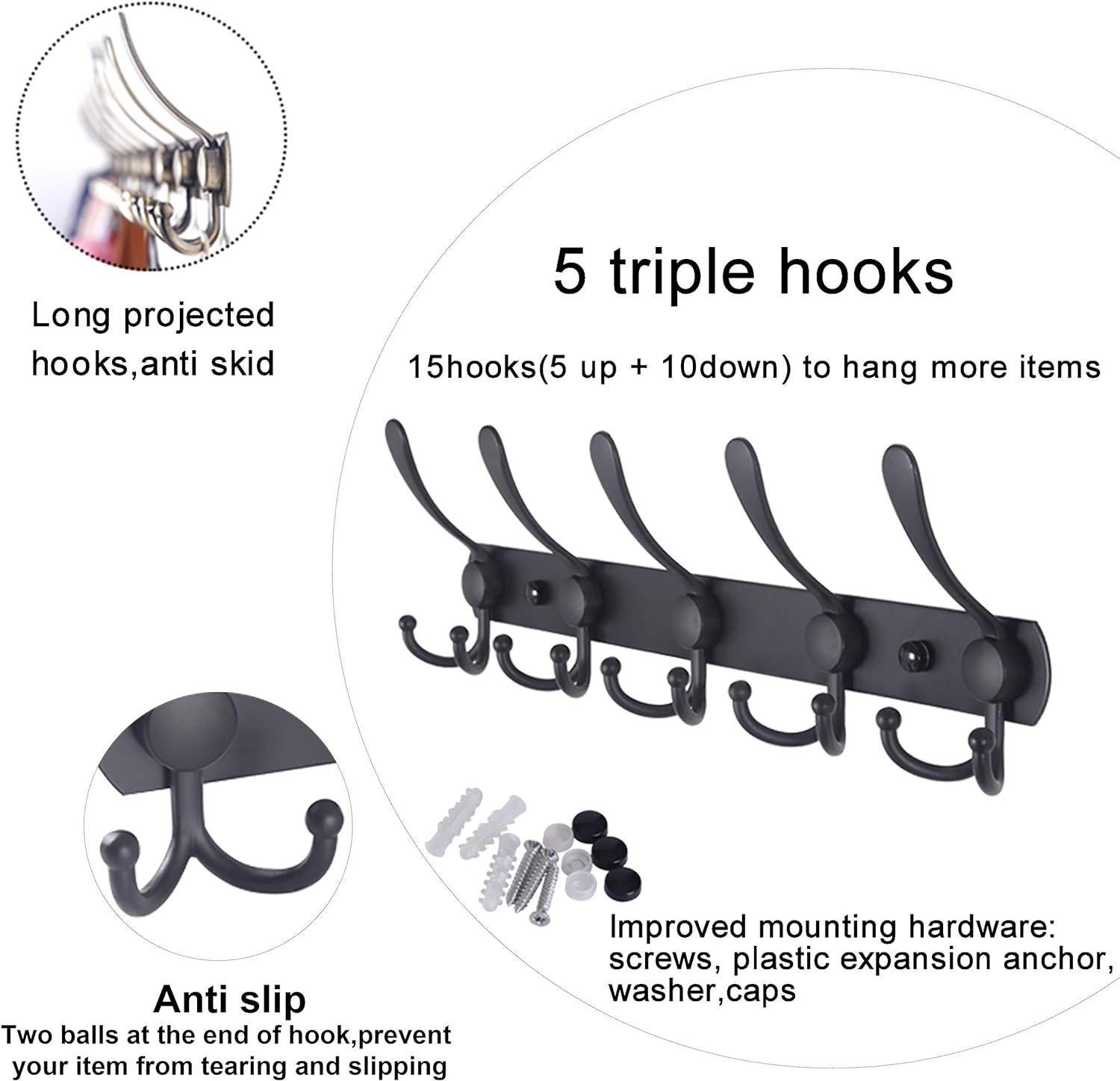 WEBI Coat Rack Wall Mount,5 Tri Hooks for Hanging,Coat Hooks Wall Mount,Hook Rack Rail,Coat Hanger Wall for Jacket,Clothes,Hats,Black,2 Packs