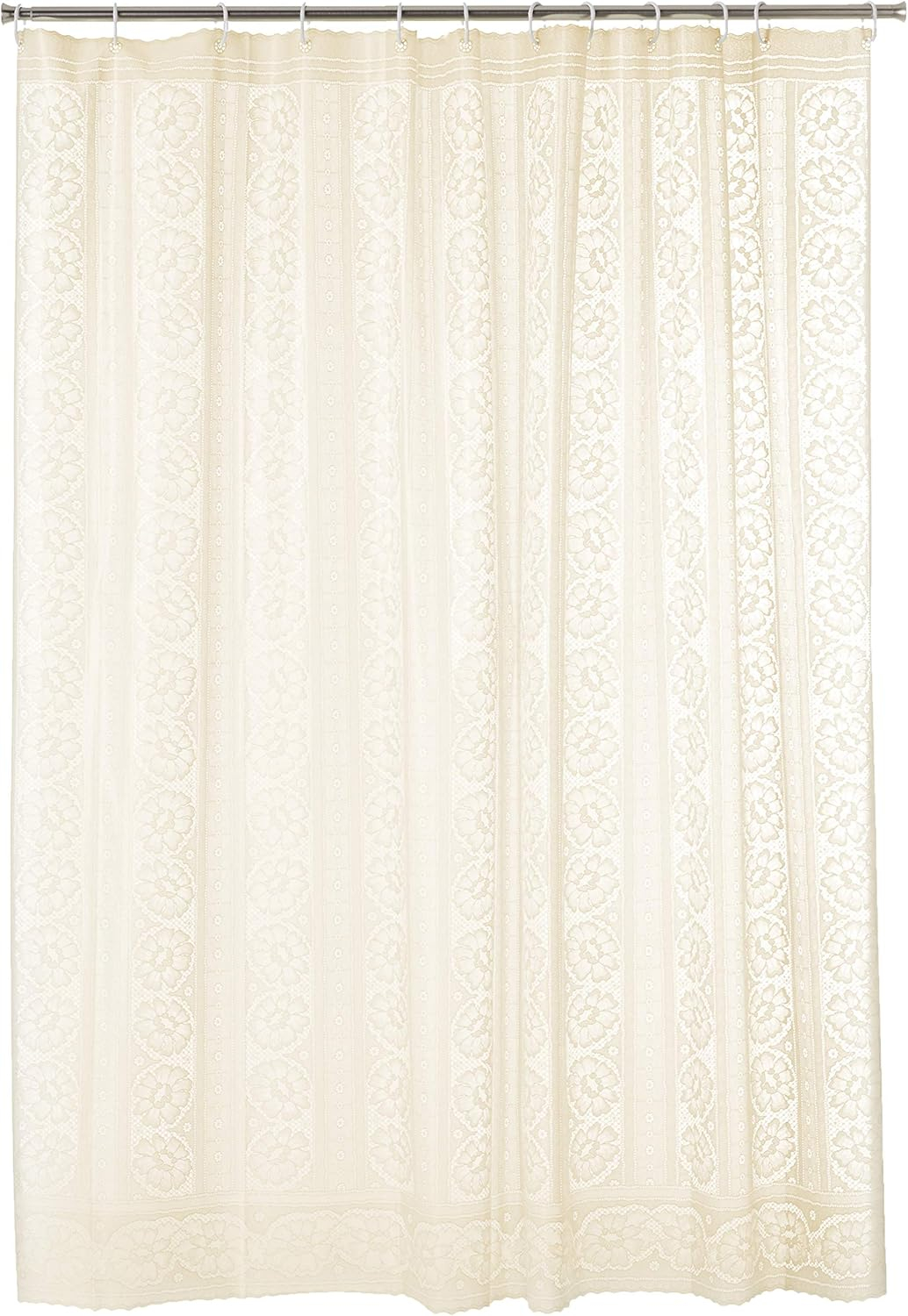 Ivory Floral Lace Heavyweight Vinyl Shower Curtain with Hooks