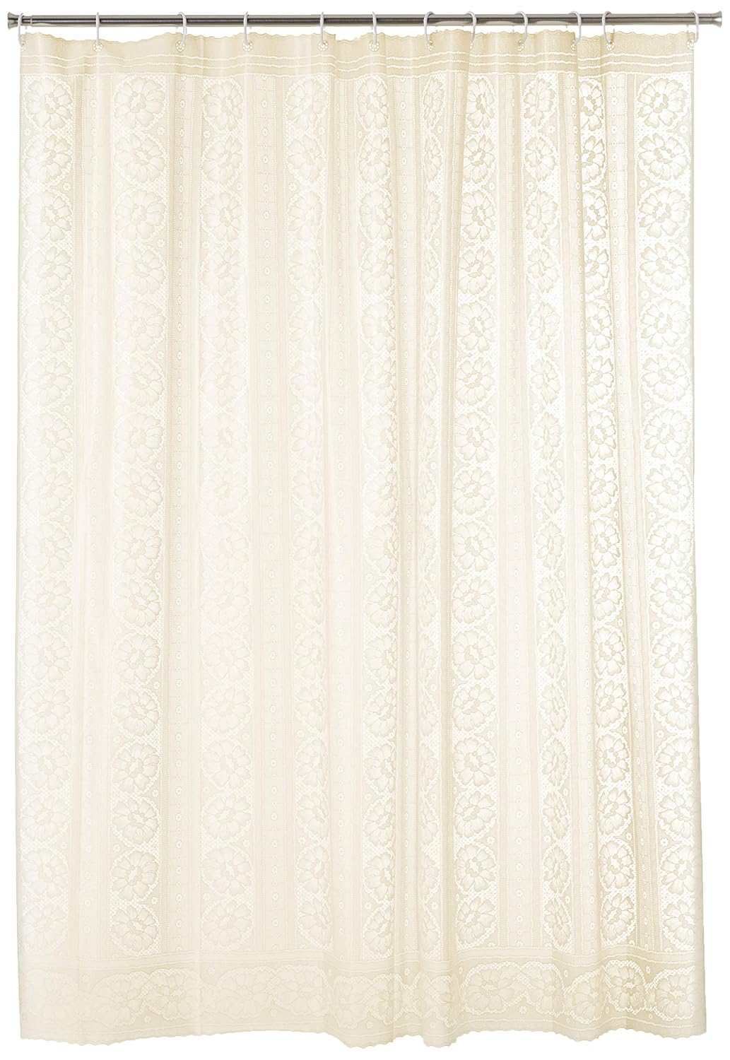 Ivory Floral Lace Heavyweight Vinyl Shower Curtain with Hooks