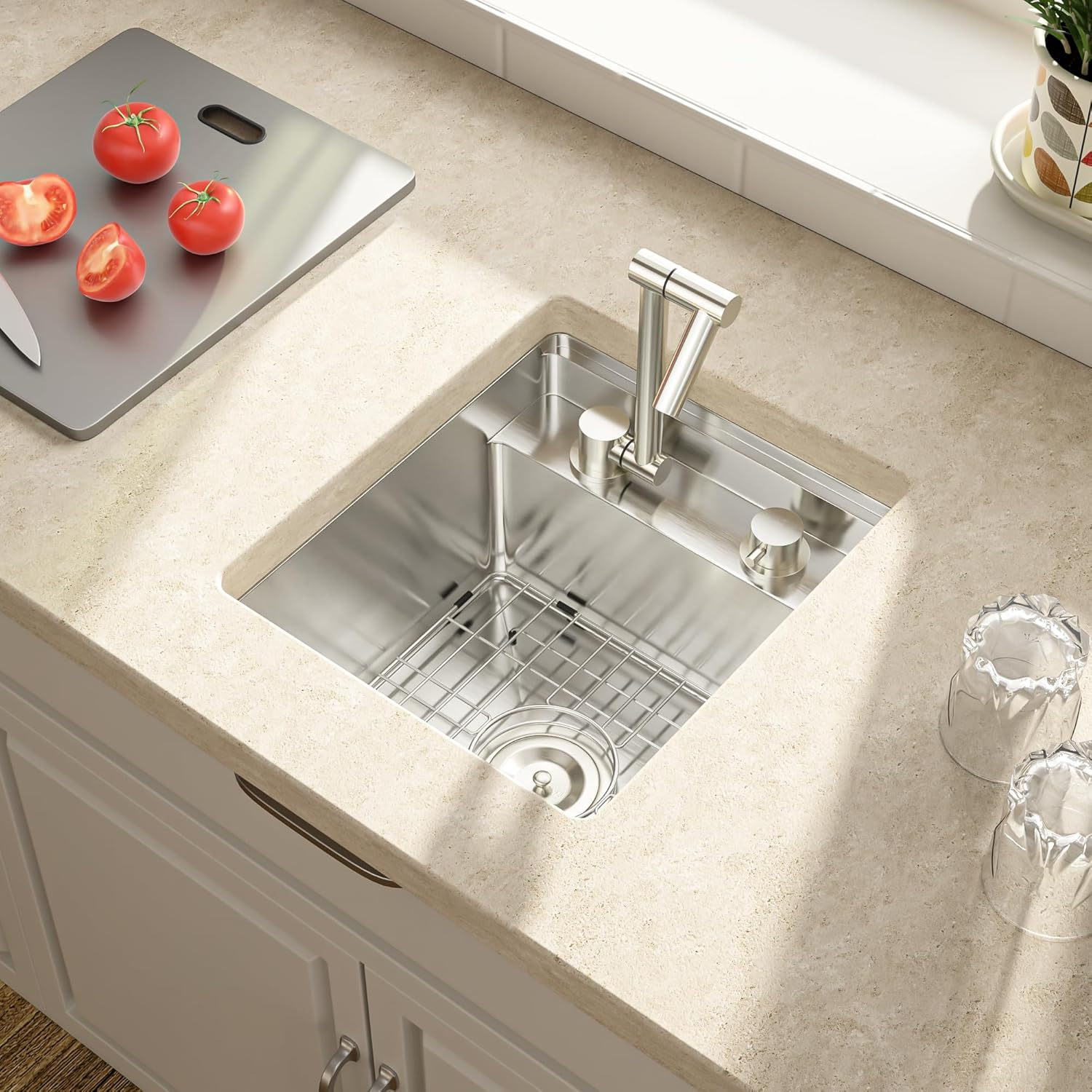 17" Stainless Steel Single Bowl Undermount Sink with Folding Faucet